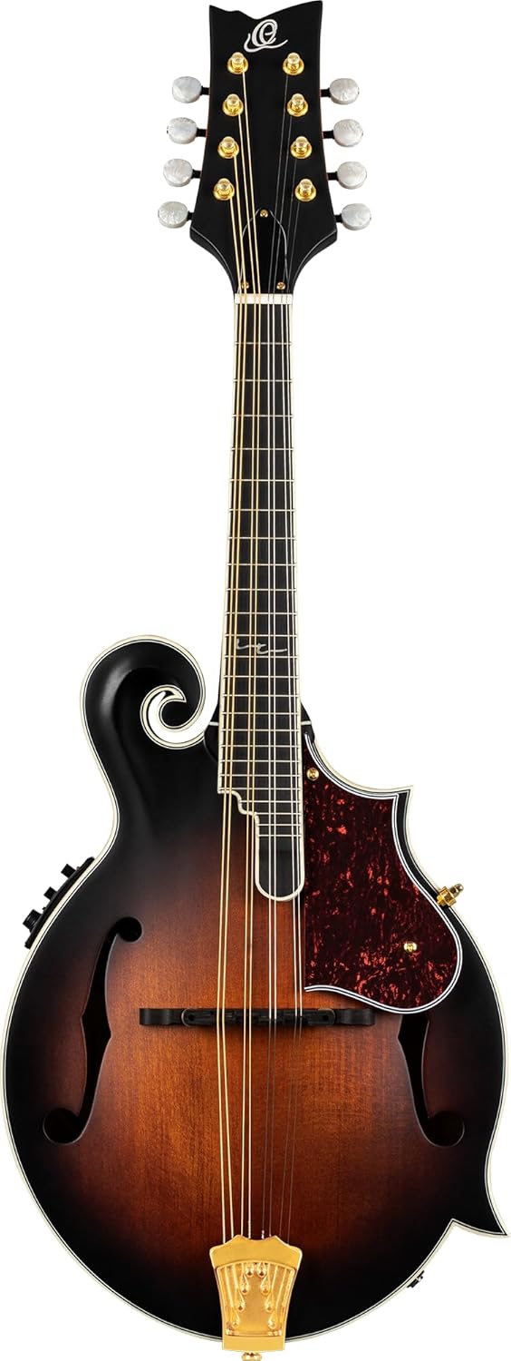 Ortega Guitars, 8-String F-Style Series All Solid Acoustic-Electric Mandolin w/Bag, Right, Gold (RMFE100AVO)