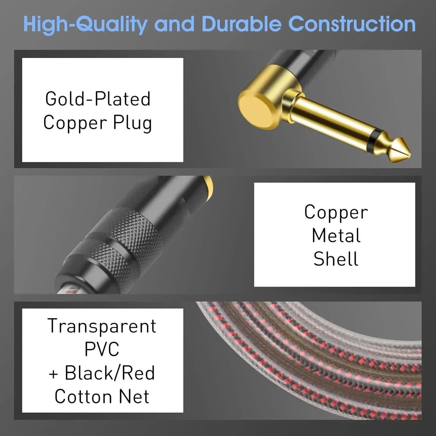 TSTS Guitar Audio Cable 6.35mm Cable 1/4 Inch Right Angle Instrument Cable Professional Electric Guitar Cord for Amplifier Preamp(12m)