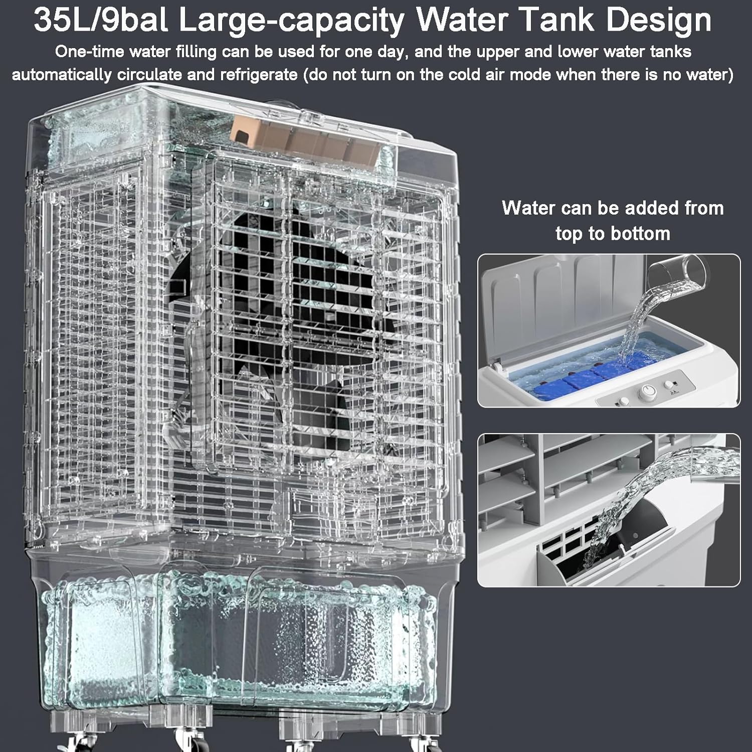 Portable Air Conditioners, Air Cooling Fan, 3 Wind Speeds, 35l/9 gallon Water Tank, 120° Wide-angle Air Supply, Rapid Cooling, for Office, Terrace