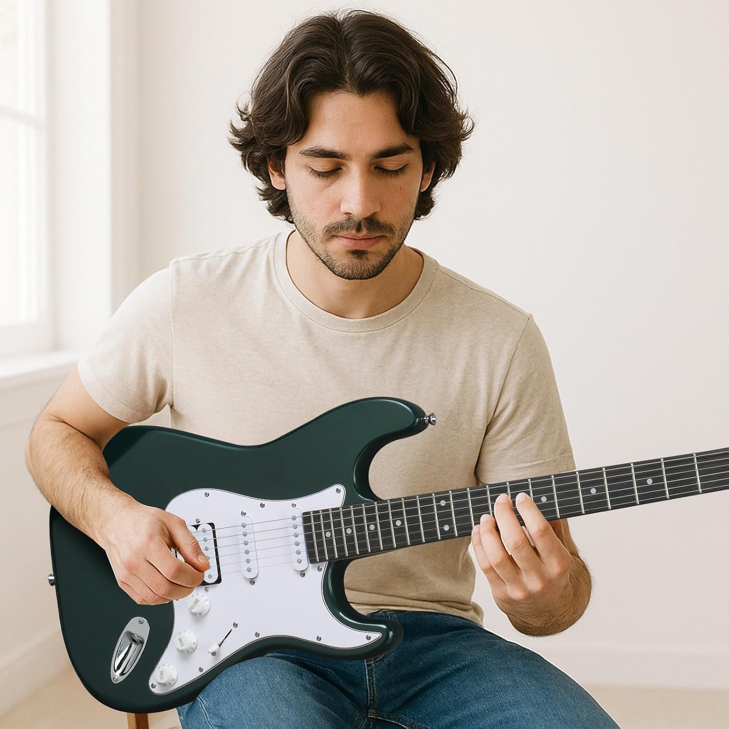 KST Electric Guitar Kit for Beginners, H-S-S Pickups, Green with White Pickguard, Includes 5W Amp, Bag, Strap, Strings, Tremolo - Complete Starter Set, Right Handed