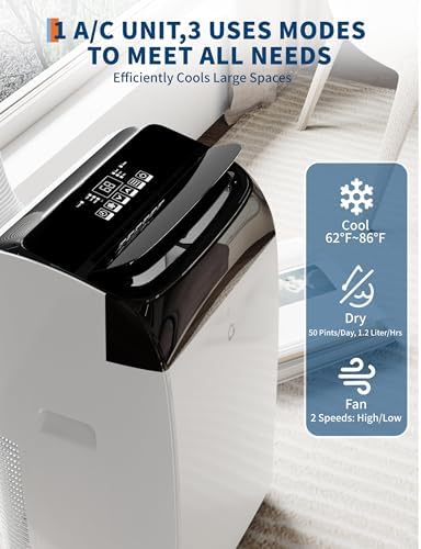 12,000 BTU Portable Air Conditioner - 3-in-1 Cools 550 Sq.Ft, Remote Control, LED Display for Home, Office & Dorm Rooms