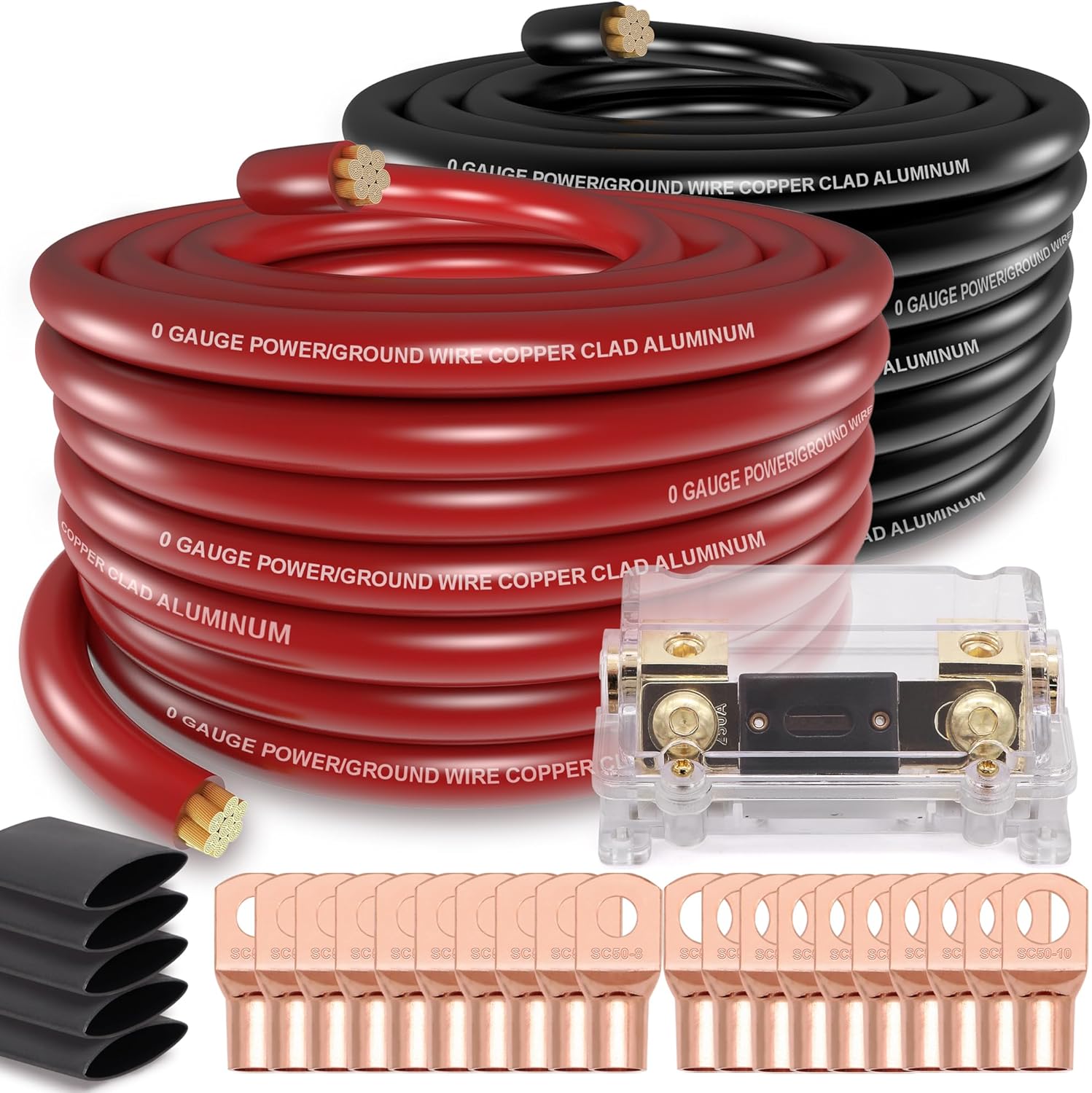 1/0 Gauge Wire (40ft) Copper Clad Aluminum CAA Car Amplifier Power & Ground Cable 2/0-6 Gauge Wire Connectors Aluminum to Copper Polaris Connectors Insulated Inline Splice Connector