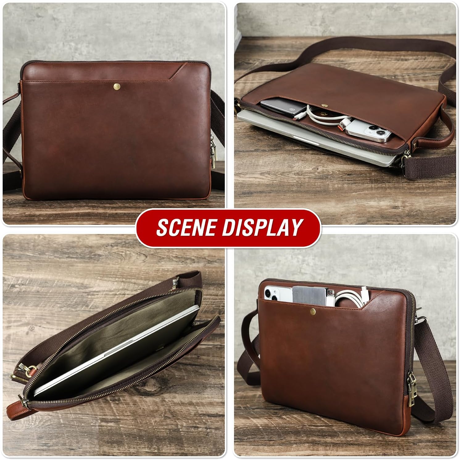 Top Grain Leather Text Customizable Laptop Sleeve Bag, Vintage Design with Multiple Pockets, Fully Handmade, Compatible with MacBook Pro/Air & iPad Pro/Air & Other PC & Accessories