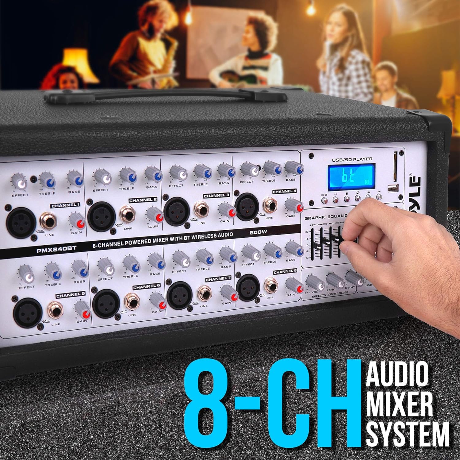 Pyle 800W Powered Stage Mixer with Bluetooth - 8 Channel Pro Audio Sound System w/ USB-A MP3 SD Card Player - RCA/1/4” Effects Loop - Aux Input - Digital LCD Display - Built-in Cooling Fan - PMX840BT