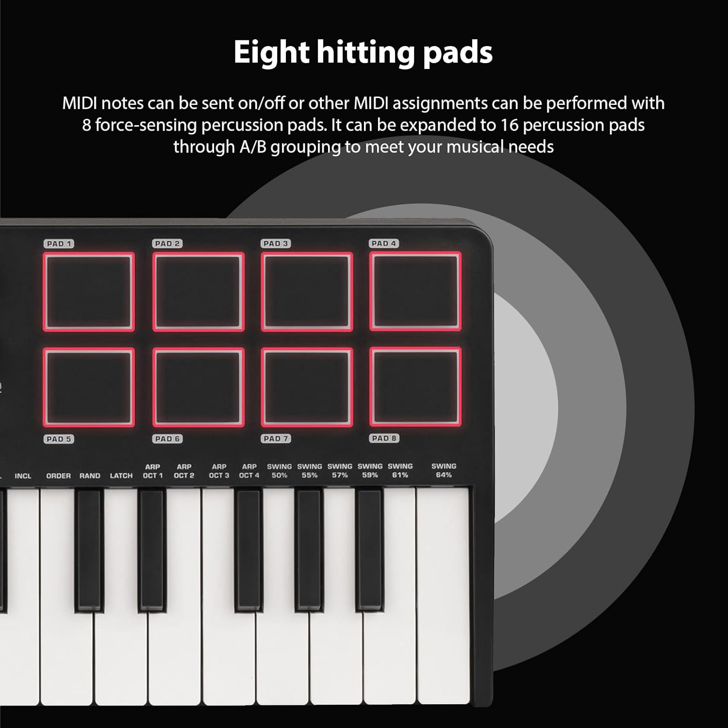 25 Key USB MIDI Keyboard Controller with 8 Backlit Drum Pads, 8 Knobs, Arpeggiator, Velocity Control, for PC, Phone