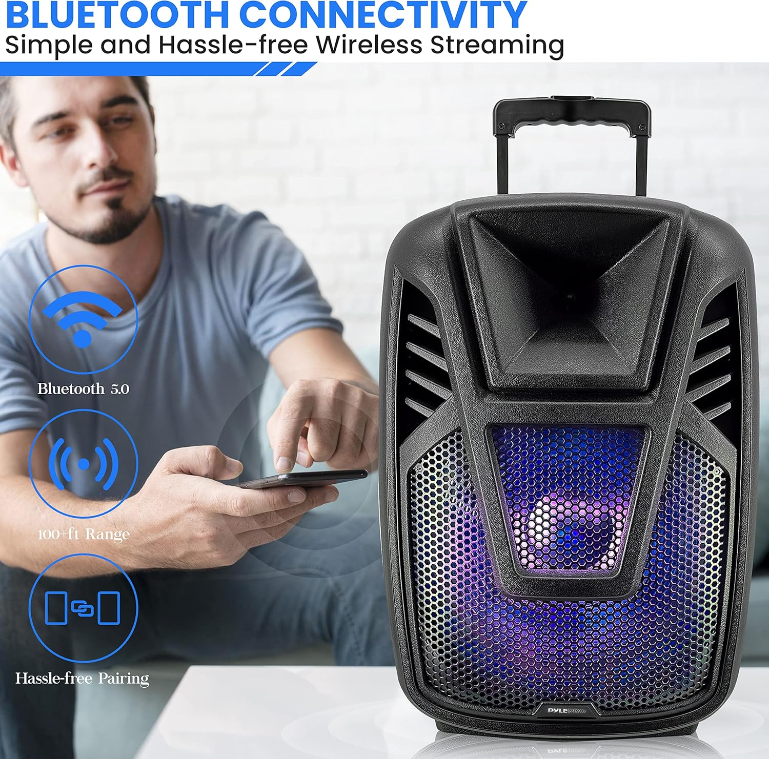 Pyle 15” Portable Bluetooth PA Speaker System - 800W Wireless Rechargeable Loudspeaker with LED Party Lights, Rolling Wheels, Built-in Amp, & Remote Control - Indoor/Outdoor Karaoke Machine (Black)