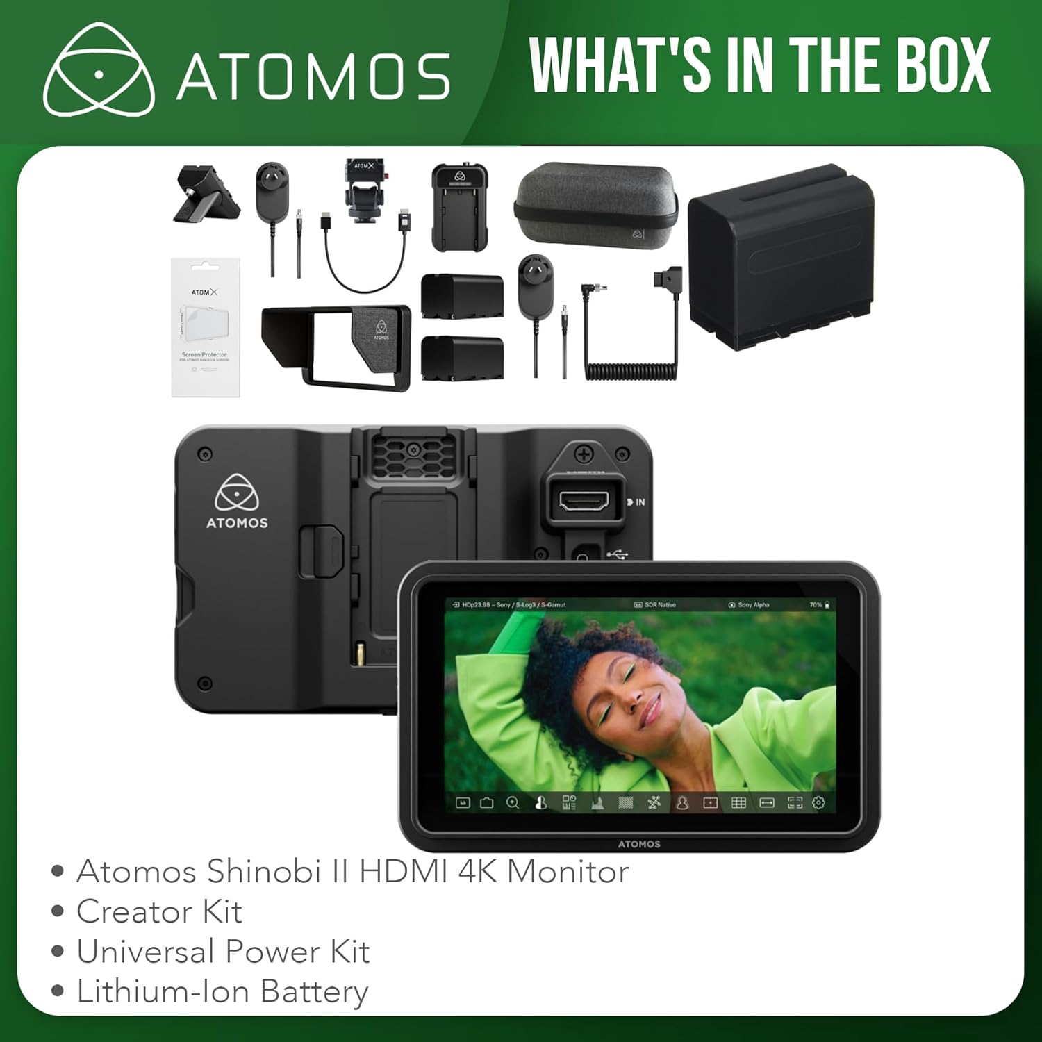 Atomos Shinobi II 5-Inch HDMI 4K Monitor Bundle with Complete Accessories and Battery (4 Items)