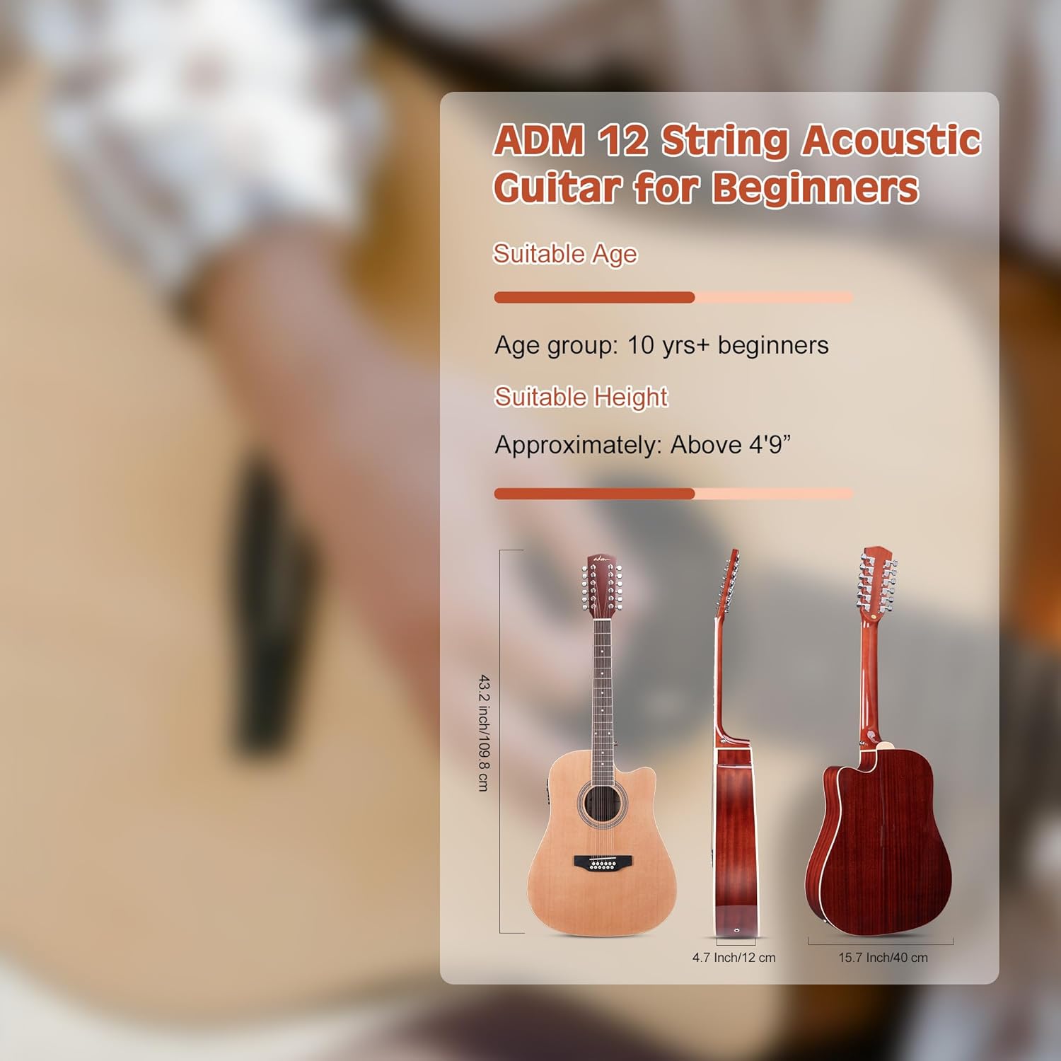 ADM Advanced 12 String Acoustic Electric Guitar, Full Size 42