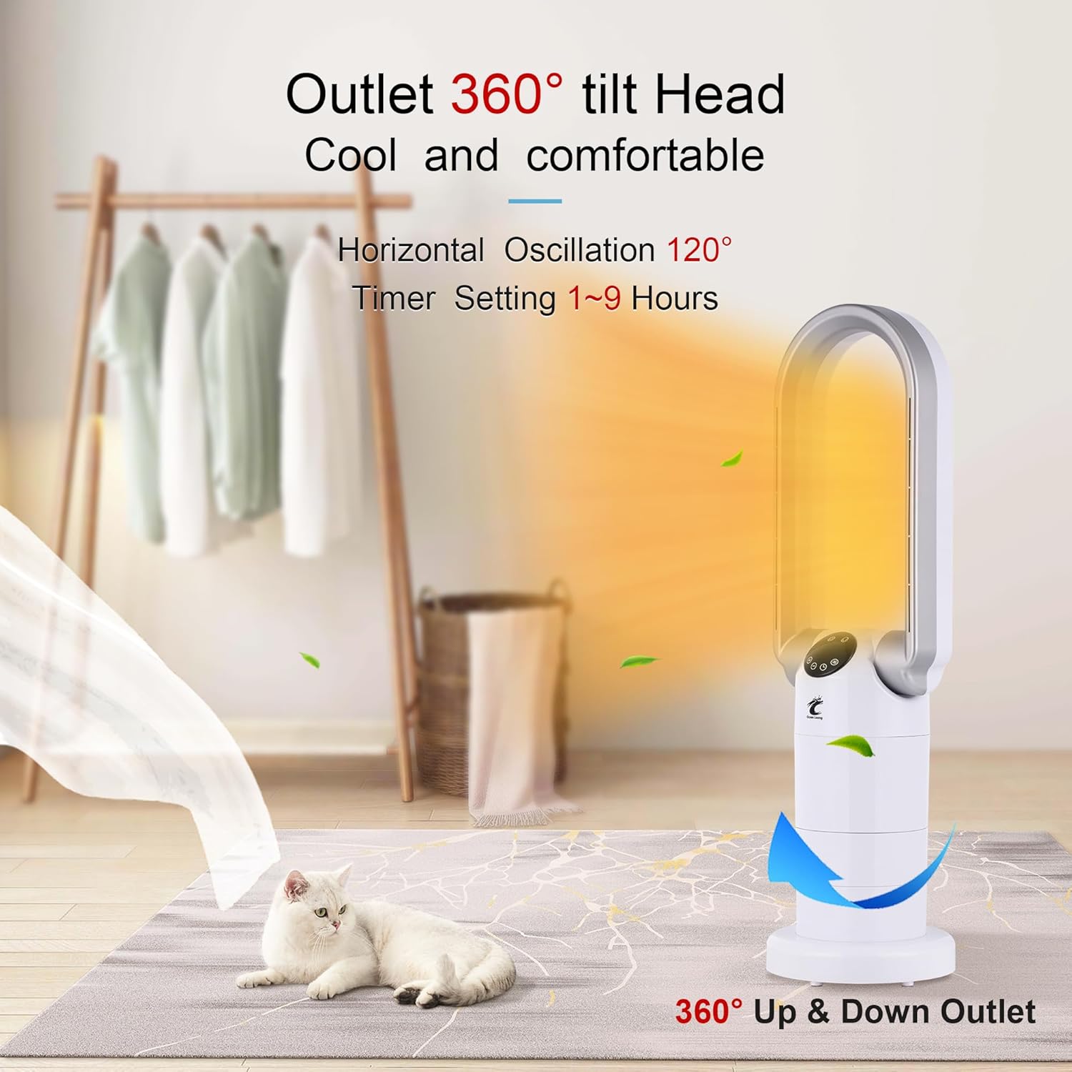 Ocean Loong 1500W Bladeless Tower Fan & Space Heater Combo for Home with Remote Control Timer Oscillation Tip-Over Switch and Adjustable Thermostat, 29” Silver