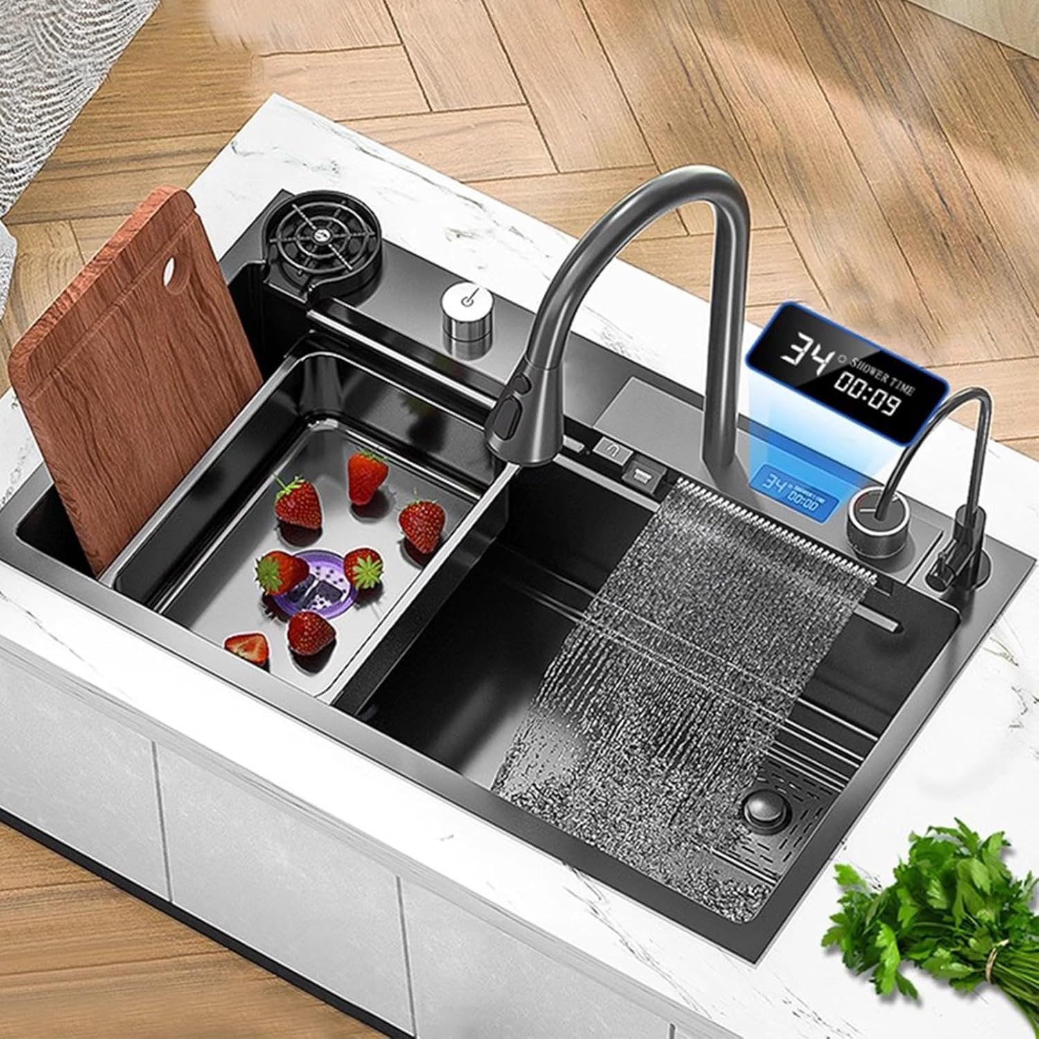 Kitchen Sink Tap,Black Kitchen Sink Digital Waterfall Faucet 304 Stainless Steel Sink Large Single Bowl Sink Including Cup Washer and Other Accessories (80x45x22cm)
