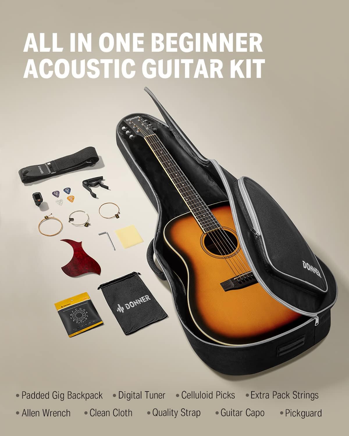 Donner Acoustic Guitar for Beginner Adult Full Size Dreadnought Acustica Guitarra Bundle with Free Online Lesson Bag Strap Tuner Capo Pickguard String 4 Picks Cloth, Right Hand 41 Inch