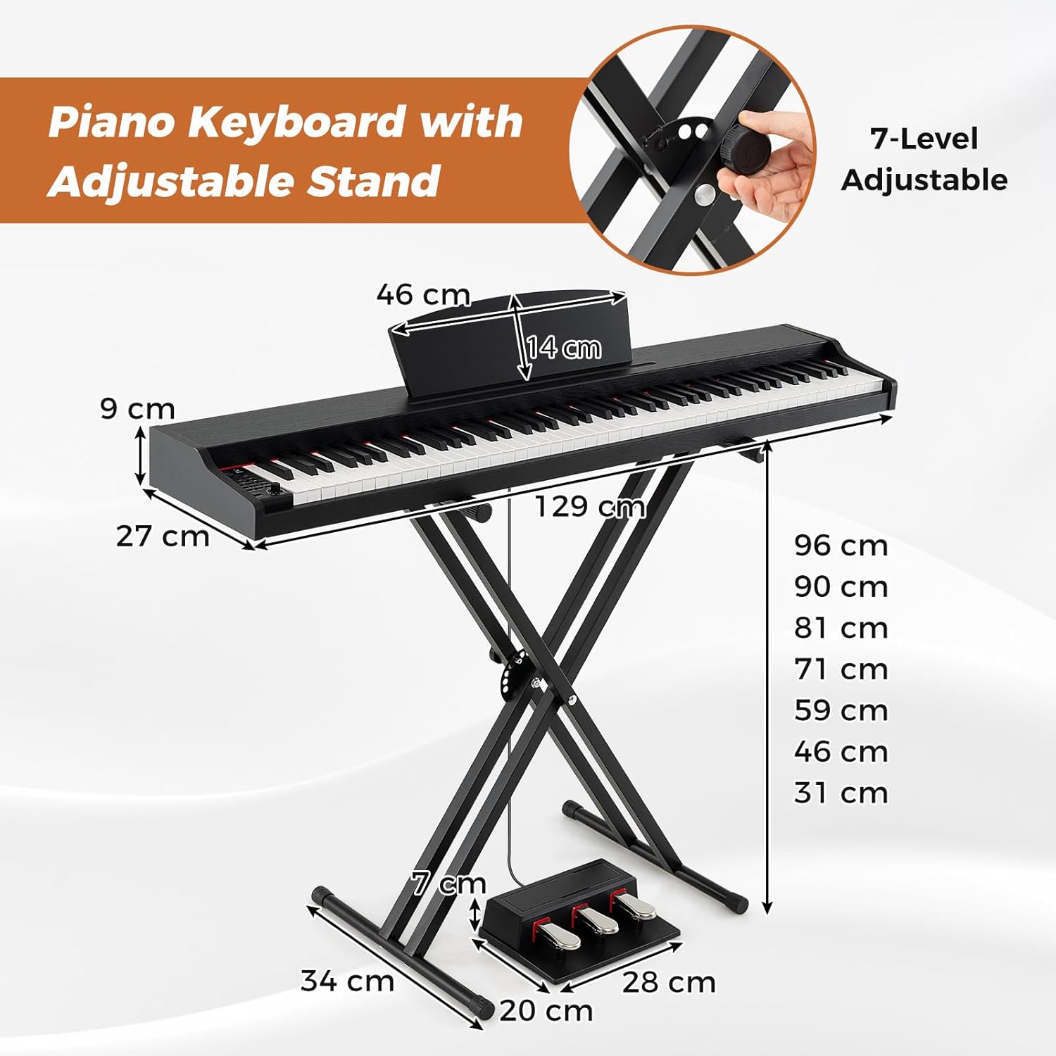 88 Key Digital Piano, Full Size Semi-weighted Electric Keyboard with Adjustable Stand, Triple Pedals, Dual Speakers (Black)
