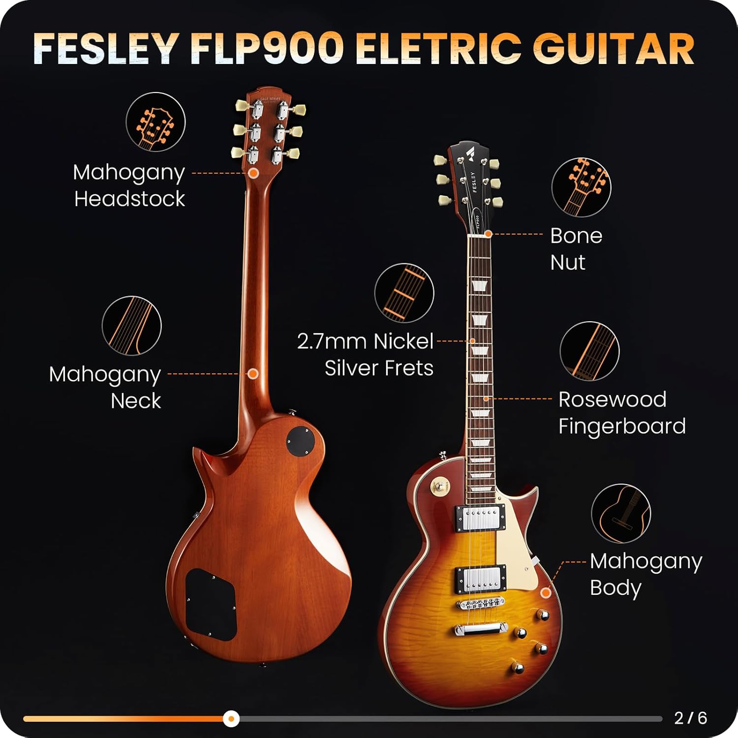 Fesley LP Electric Guitar with Arched Top Sunburst+ Fesley Mini Guitar Amp 10W Portable Recharged Guitar Amplifier