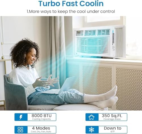 GarveeLife 8000 BTU Small Window Air Conditioner - Ultra Quiet 115V Smart Window Ac Units with Remote - Cools Up to 350 Sq.Ft - Energy Saving & Easy Installation Kit for Bedroom, Living Room - White