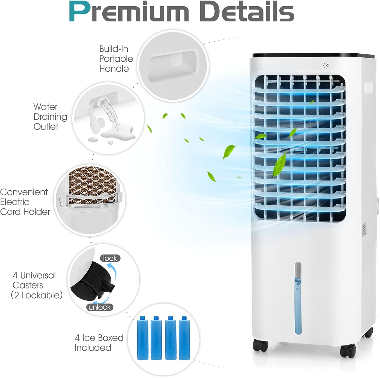 KOTEK 4 in 1 Evaporative Air Cooler W/Fan, Humidifier, Purifier, Cooling, Portable Cooler Fan W/ 4 Modes, 3 Speeds, 120° Oscillation, 0-7.5H Timer, 12L Watertank, Remote Control, 4 Icebox