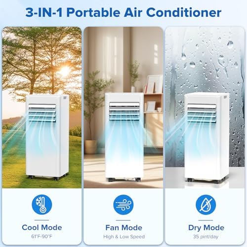 ZAFRO 8000 BTU Portable Air Conditioner Cools up to 350 Sq. Ft., Remote Control, LED Display, 3-in-1 Modes Portable AC Units with Window Kits for Bedroom, Home, Dorm, Office, White