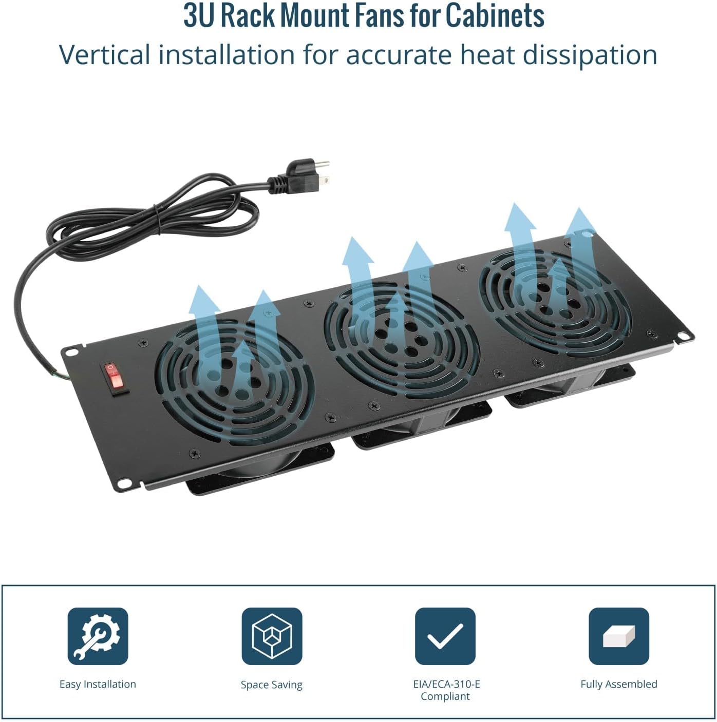 Tecmojo 3U Rack Mount Fan Panel, 3 Fans Cabinet Cooling Fans, 19in 6ft Cord Server Cooling System for Audio Rack and AV Cabinet in Office, Theater(Vertical Assemble)