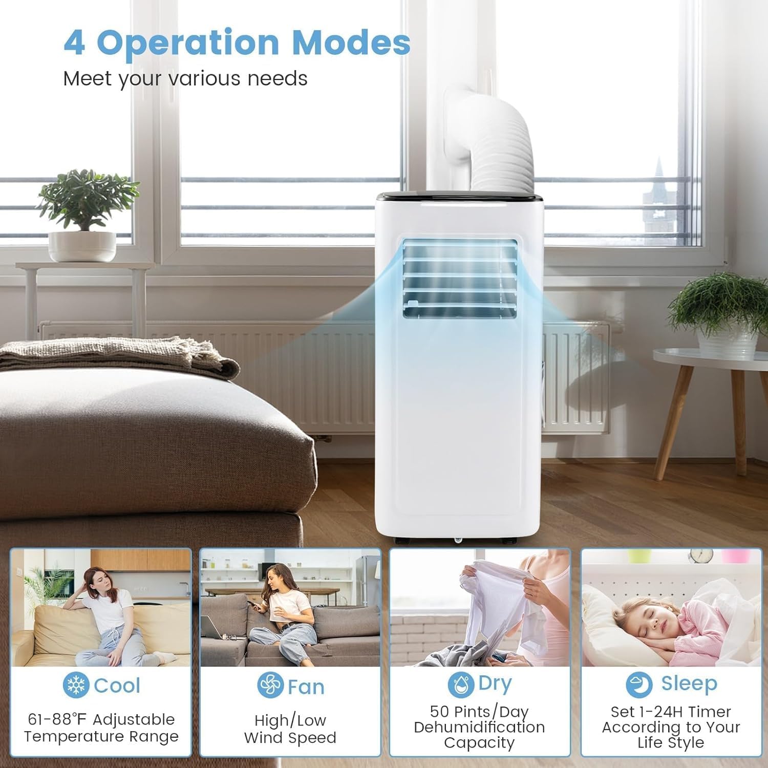 ARLIME Portable Air Conditioners, 9000 BTU Air Unit, Fan & Dehumidifier w/ 24H Timer, LED Display, 2 Fan Speeds, Sleep Mode, 4 Wheels, Remote Control, Installation Kit for Room up to 280 Sq. Ft