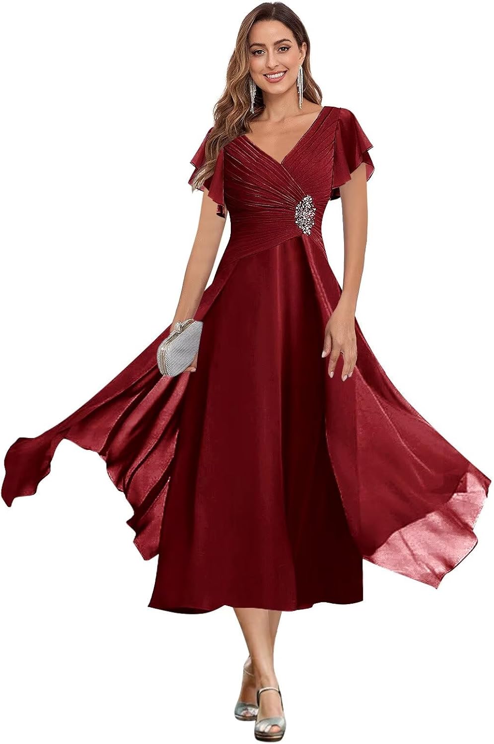 POMUYOO Mother of The Bride Dresses for Women Chiffon Tea Length Formal Dresses Wedding Guest Dress with Sleeves