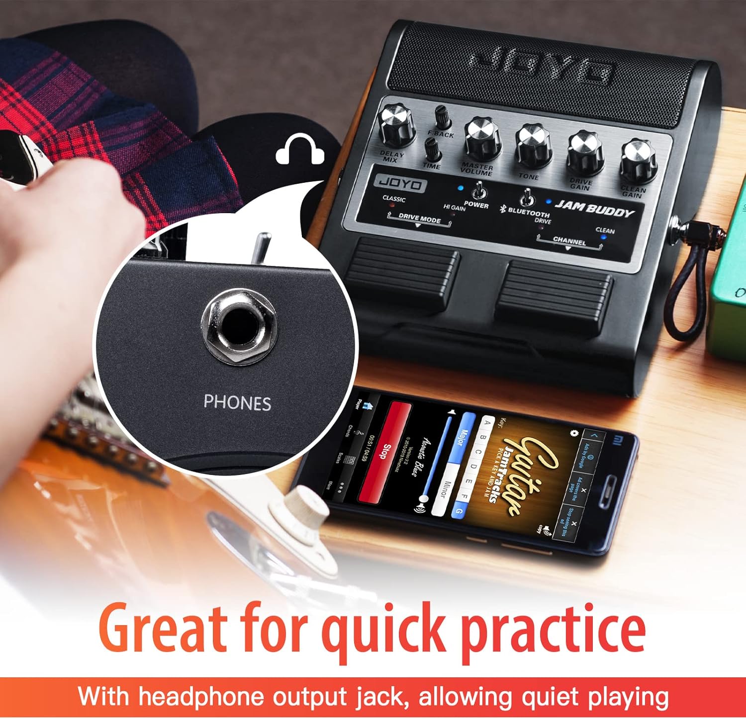 JOYO Portable Guitar Practice Amp & Pedal All-in-One Rechargeable Bluetooth Combo Guitar Amplifier with Effect & Footswitch JAM Buddy (Black)