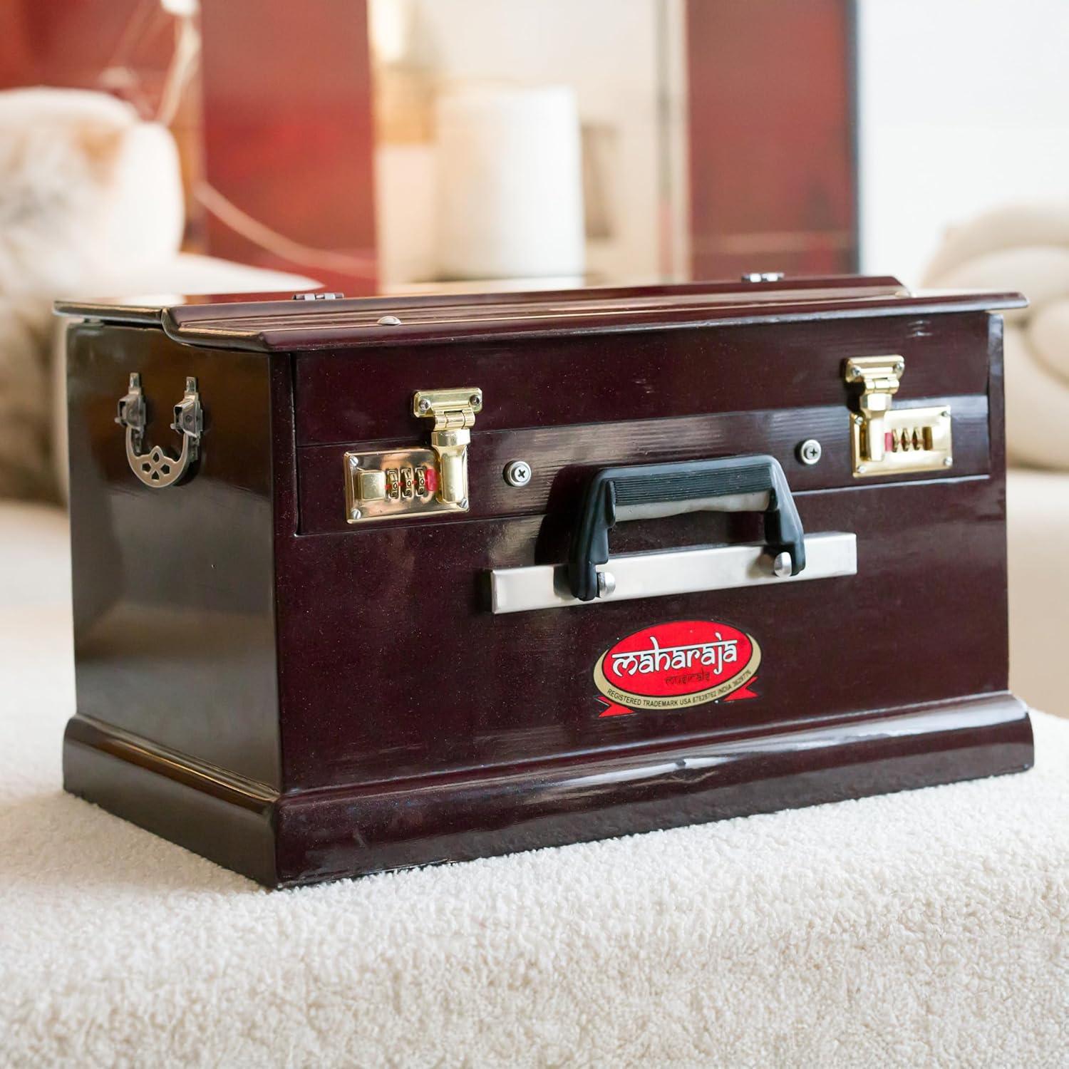 Portable Harmonium, Maharaja Musicals, Small, 2 1/4 Octaves Saptak, Dark Mahogany Color, 3 Fold Bellow, 17x10x10 Inch, Handle, Bag, Kirtan Yoga Companion, Handmade Harmonium Instrument-PH2