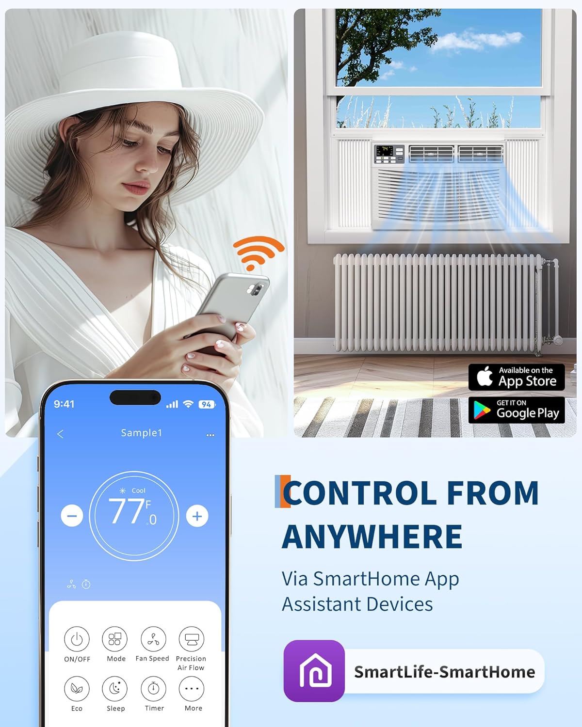 8000 BTU Window Air Conditioner with WiFi, 3 in-1 Energy Saving Window AC Unit with Remote & App Control & Timer Function & Easy Install Kit, Cools 350 Sq.Ft. for Bedroom, Living Room, White