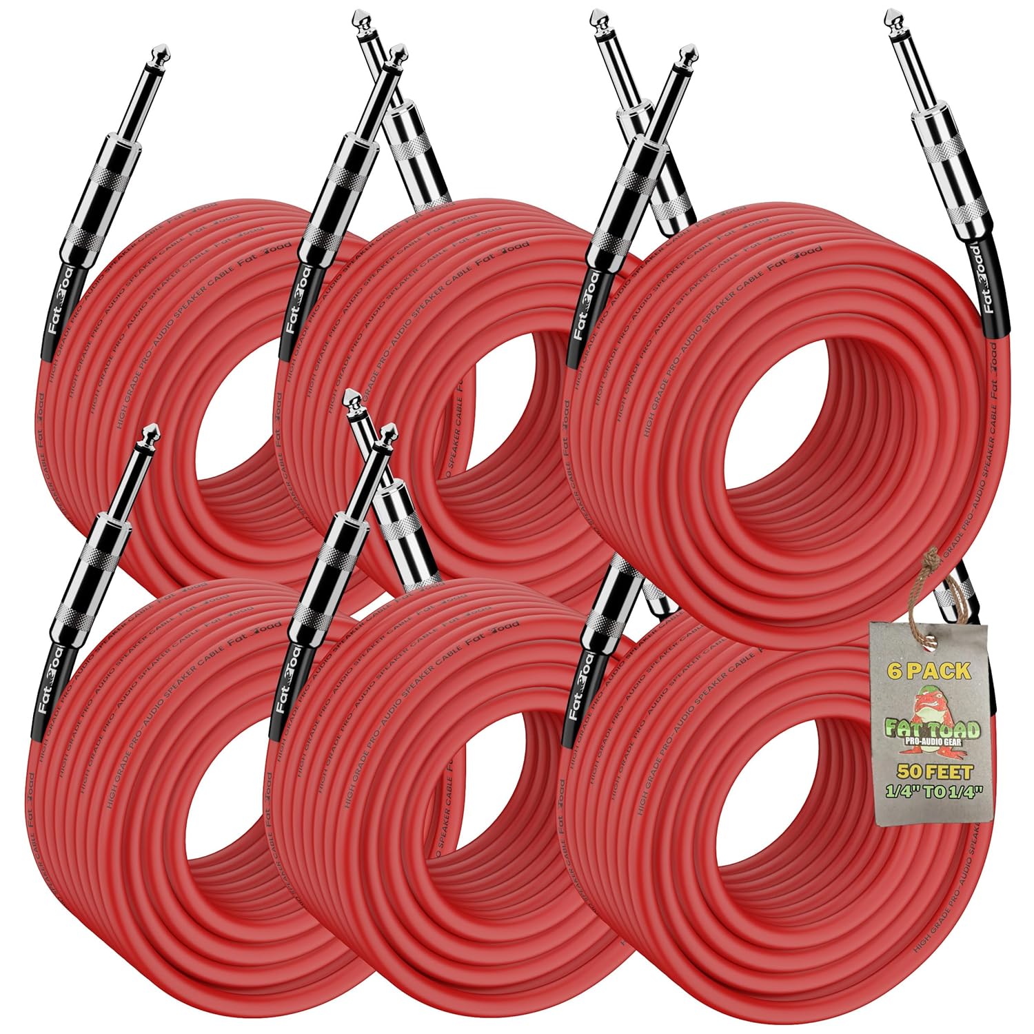 Fat Toad 6 Pack 50ft DJ Speaker Cables (Red-Flexpro Series) – 1/4 Inch TS 12 AWG Red Audio Wires for PA System, Amp, Stage Performance, Studio Recording