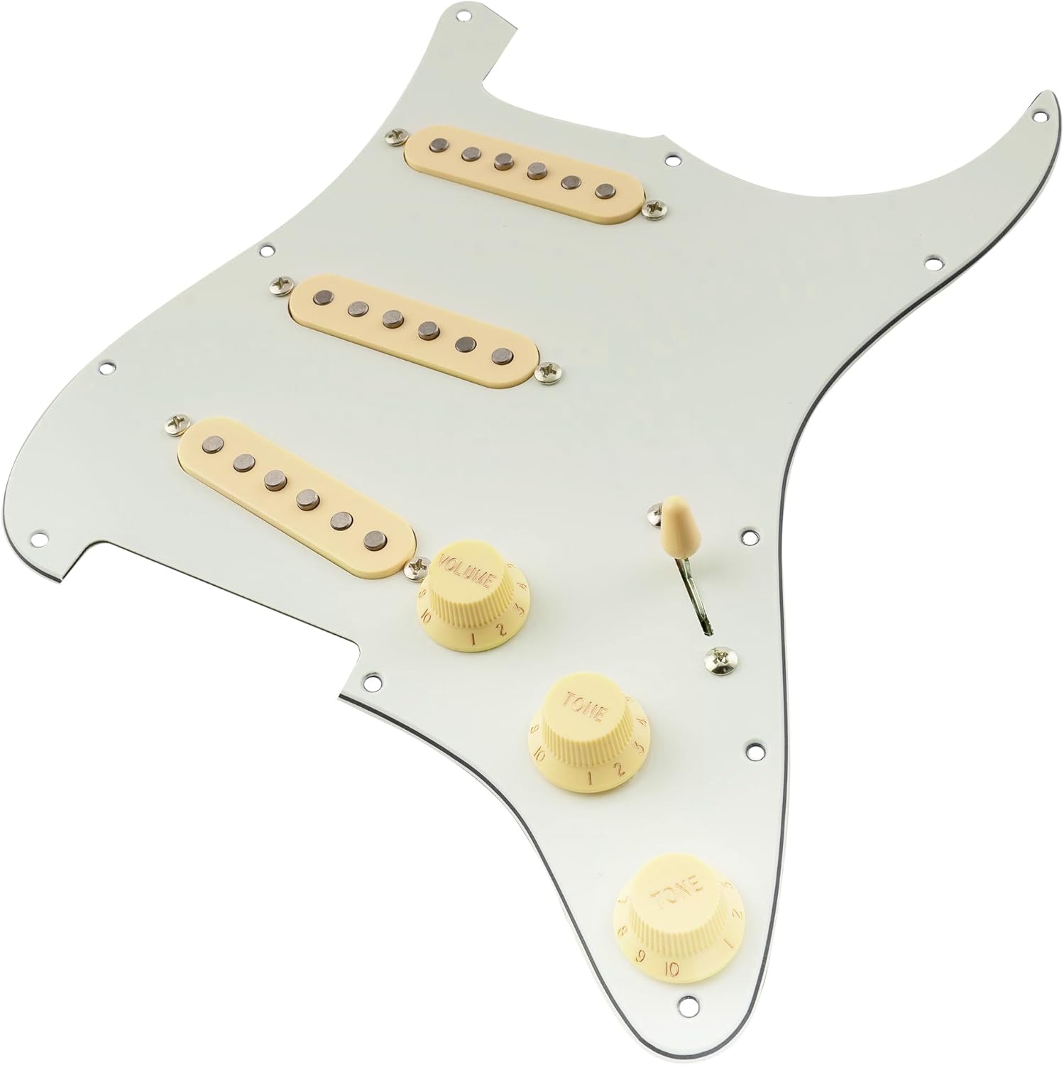 Musiclily Pro Pre-wired Standard SSS Pickguard with Artec Pickups Staggered Alnico 5 Magnet Single Coil Pickups for ST Style Electric Guitar, 3Ply Aged White