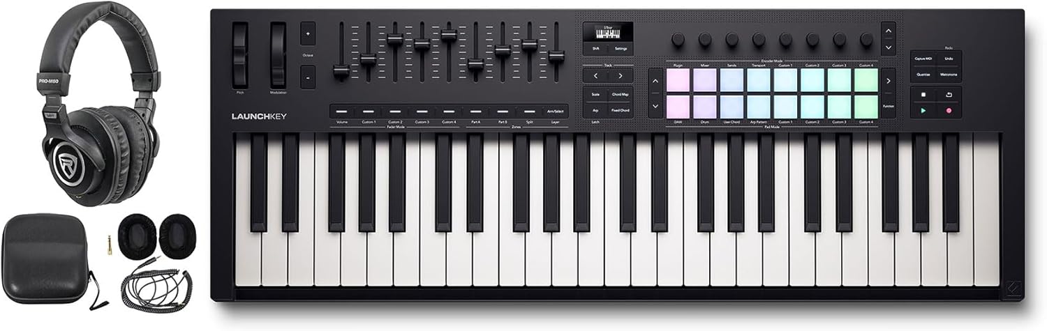 Audiosavings Bundle: Novation LAUNCHKEY 49 MK4 49-Key USB MIDI Ableton Live Keyboard Controller Bundle with Rockville PRO-M50 Studio Headphones w/Detachable Coil Cable & Case+Extra Ear Pad (2 Items)