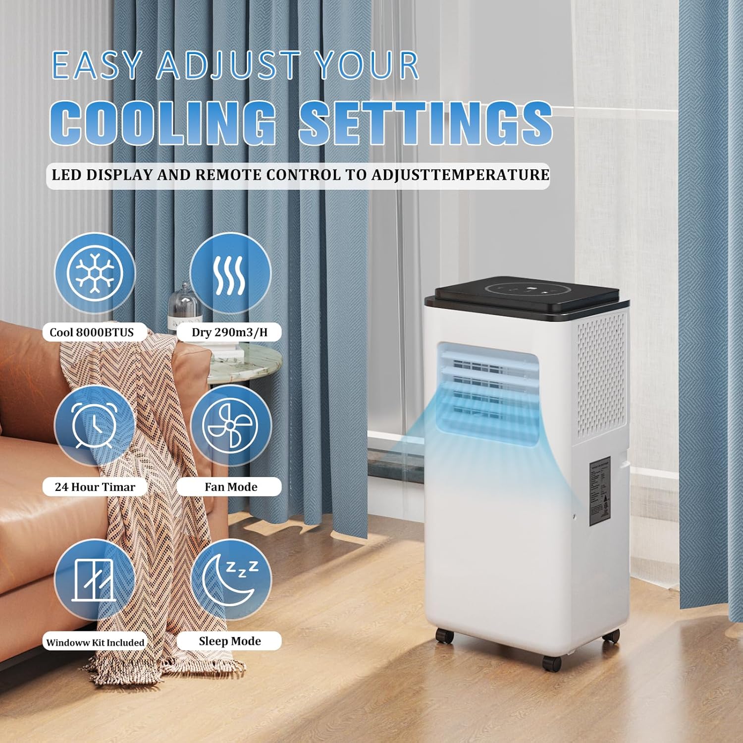 Portable Air Conditioner with Remote Control 3-in-1 (Cooling, Fan, Dehumidifier), Easy-to-Install, Ideal for Rooms, Offices, Dorms & Small Apartments, White (8000BTU)