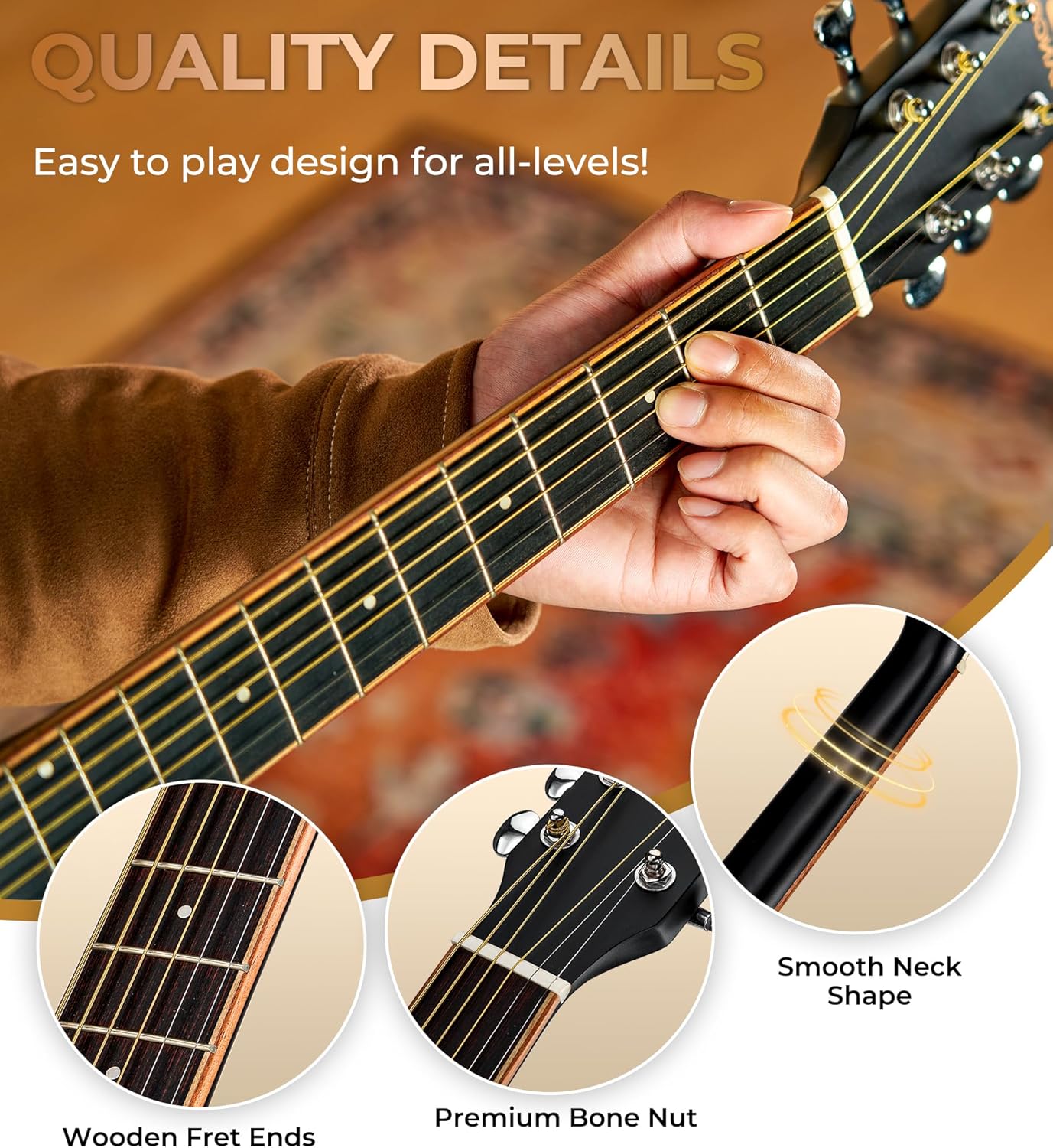 Vangoa Acoustic Electric Guitar Bundle for Beginners Adults Teens Full Size Cutaway Acoustic Guitar with Built-in Pickups, Wooden Bindings, Upgraded Starter Kit, Matte Black