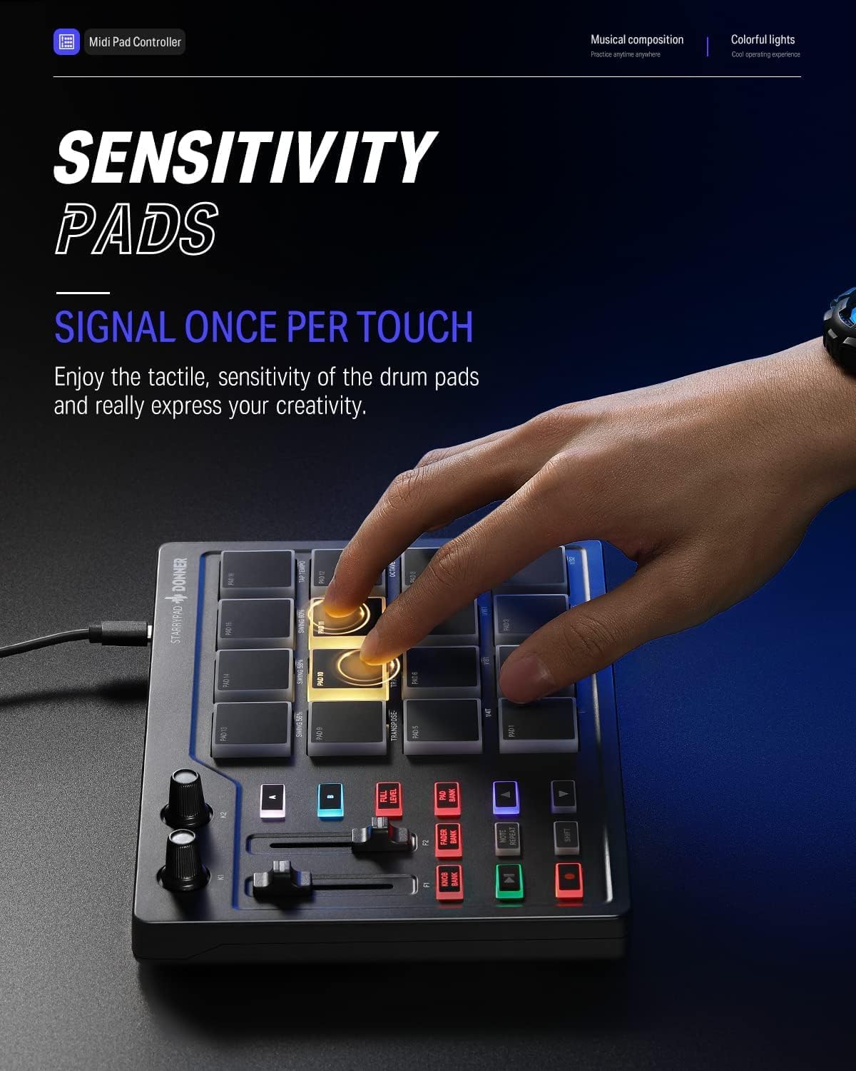 Donner STARRYPAD MIDI Controller, 16 Pads, USB Type-C, Music Production, Backlight, Japanese Instruction Manual (English Language Not Guaranteed)