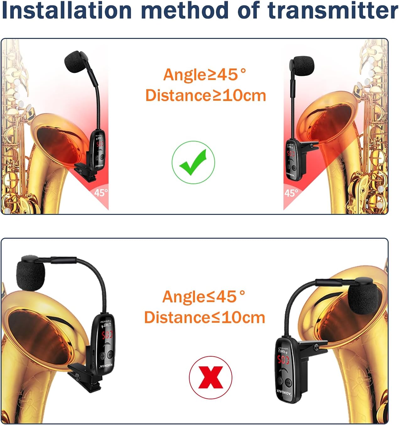 Wireless Saxophone Microphone, UHF Microphones for Sax, Charging Clip Mic with Digital Display, for Trumpet Tuba Trombone Cornet FrenchHorn Instrument Practice Teaching Street Bars Stage Performance