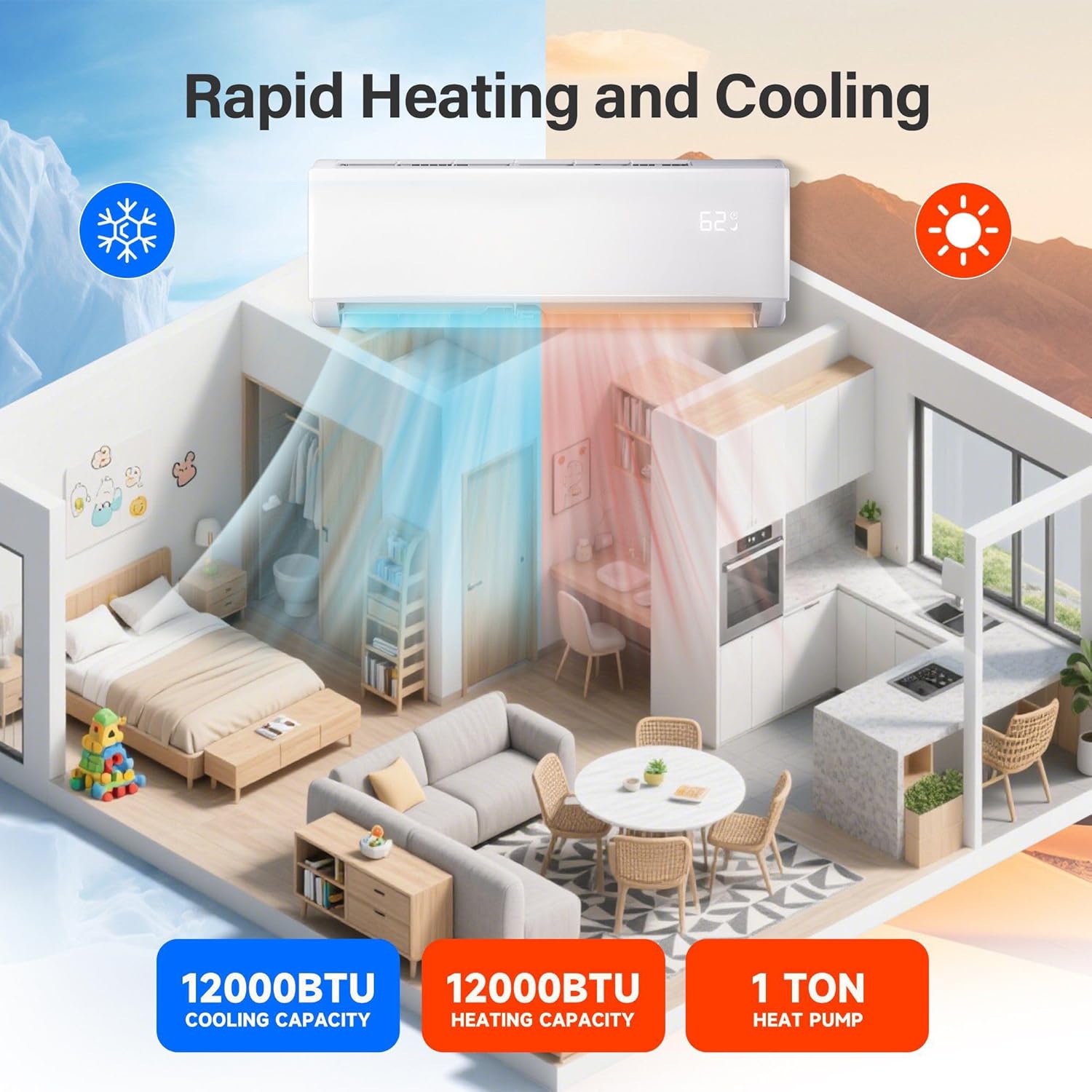 HUMSURE 12000 BTU Mini Split Air Conditioner & Heater, Wifi Enabled 115V Energy Saving Wall Mounted Inverter Ductless AC Unit Cools up to 750 Sq. Ft, Heat Pump & Installation Kit