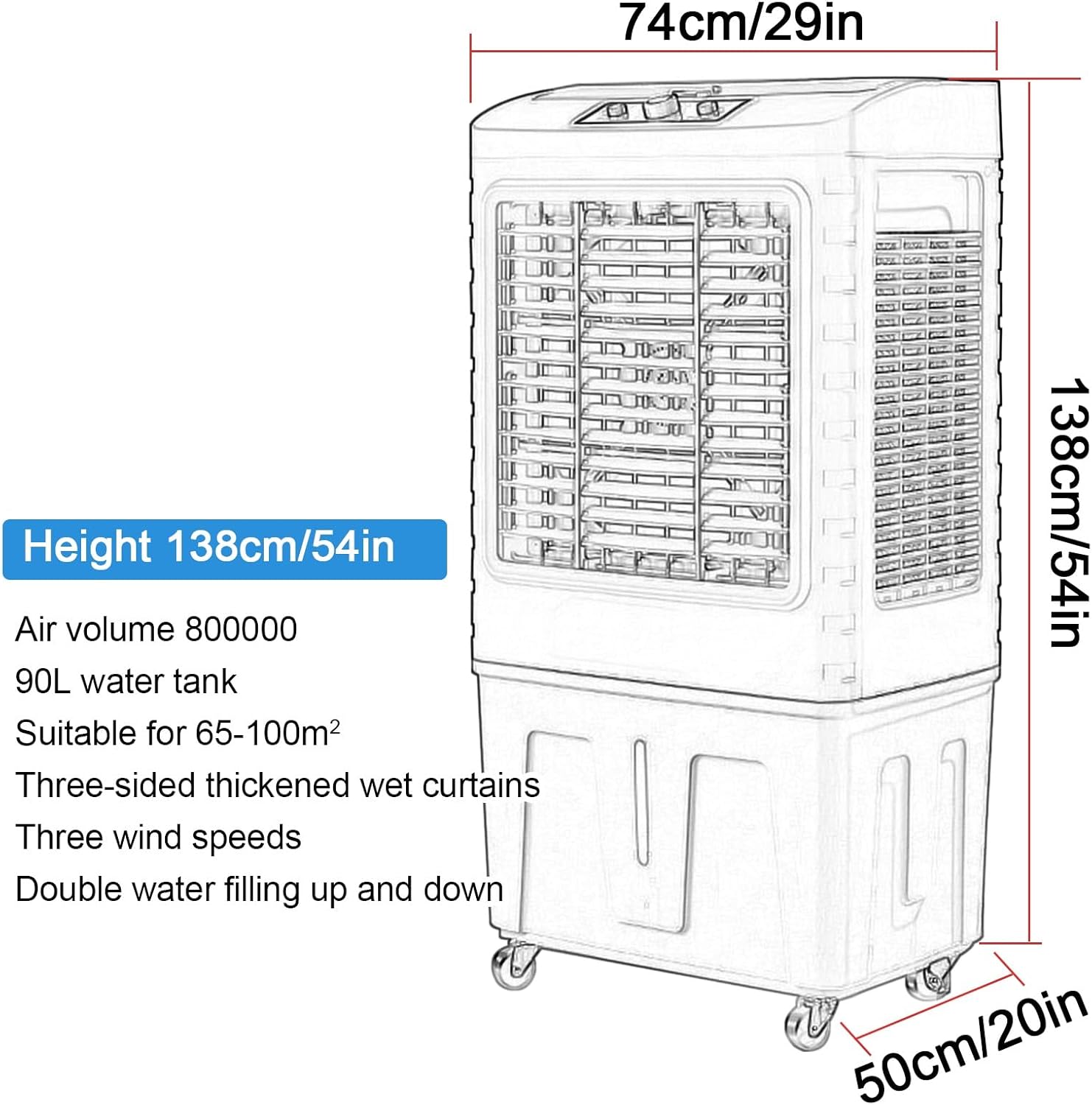 Swamp Cooler Air Conditioner, Evaporative Air Cooler w Large Capacity Water Tank, 4 Ice Box, Portable Air Conditioner with 3 Speeds for Backyard, Garage, Patio, Indoor(74x50x138cm(29x20x54in))