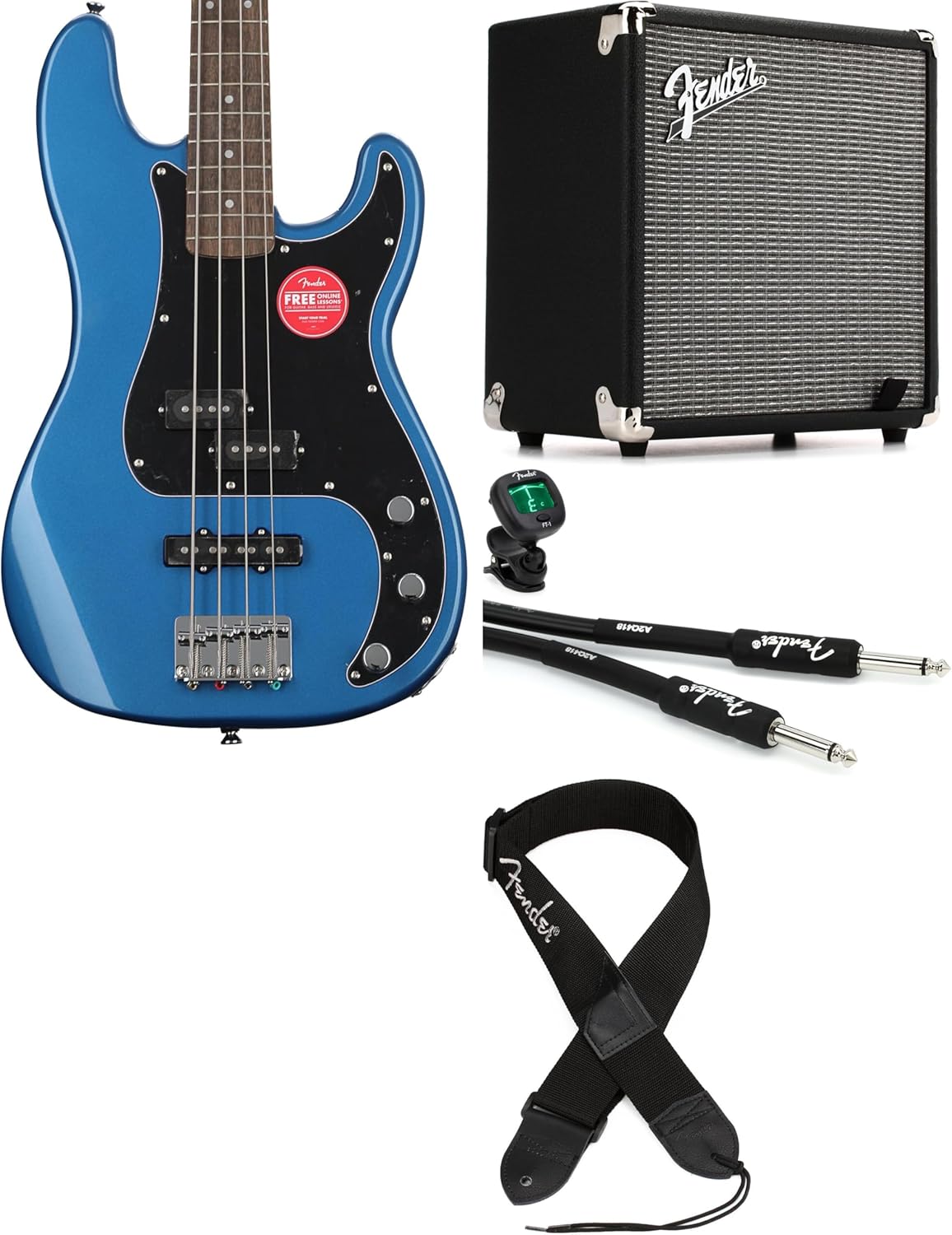 Fender Squier Affinity Series Precision Bass PJ Guitar Bundle, Lake Placid Blue – Includes Guitar, Amplifier, Instrument Cable, Strap, and Tuner – Perfect for Beginners or Pros