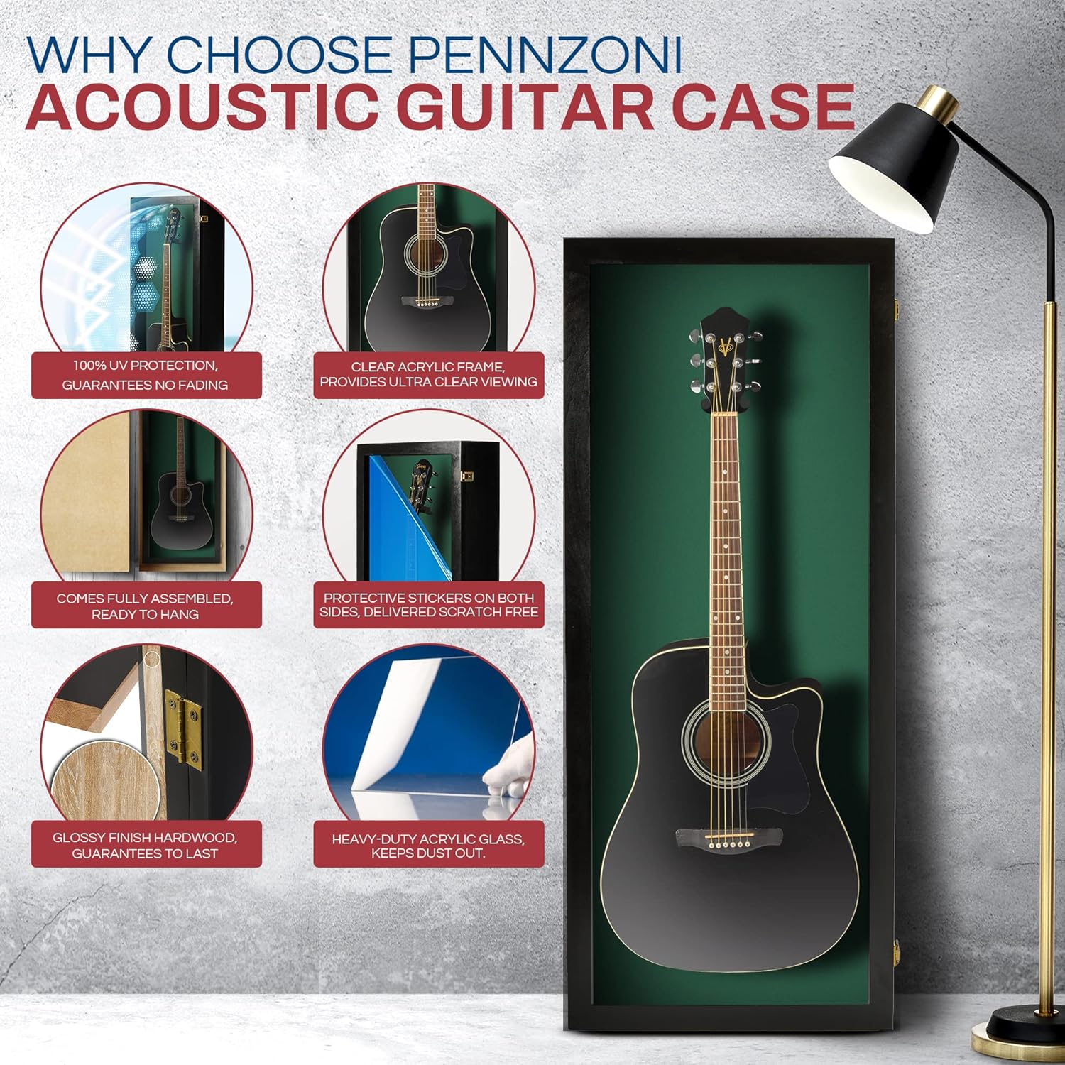 PENNZONI Acoustic Guitar Display Case - Acrylic Acoustic Guitar Case - Guitar Display Case Wall Mount Made from Hardwood Frame & Clear Acrylic - Black w/Felt Green