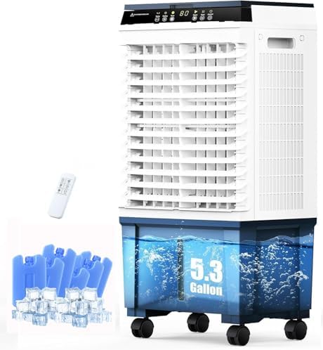 Air Choice Swamp Cooler, 1800 CFM Evaporative Air Cooler with 5.3 Gal Water Tank, 110° Auto Swing, 3 Fan Speeds, 6 Ice Packs, Remote, 12H Timer, Portable Air Cooling Fan for Outdoor & Indoor, Grey