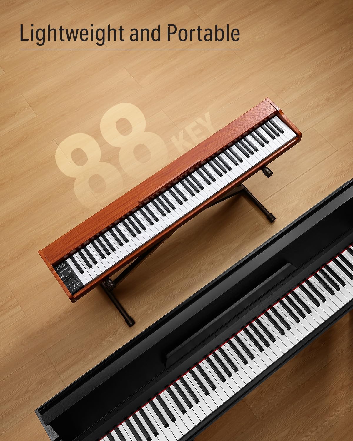 Donner DEP-1S Piano Keyboard 88 Keys, Beginner Digital Piano with 88 Key Velocity-Sensitive Keyboard, Record, Bluetooth, Chord, Bundle With Piano Stand, Piano Stickers, Sustain Pedal, Retro Wood Color