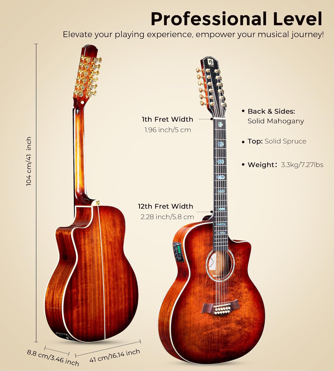 Vangoa 12 String Guitar Solid Wood, Twelve String Acoustic Electric Guitar Kit with Premium Spruce Top, Mahogany Body, Upgraded EQ, Bone Nut, Saddle, Classical Brown