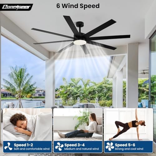 Modern 72 Inch Ceiling Fans with Lights and Remote, Dual Color 8 Blades,Living Room Office Library Cafe Outdoor Industrial, 24W 3CCT 6 Speed Reversible Quiet DC Motor, Black/Wood Grain