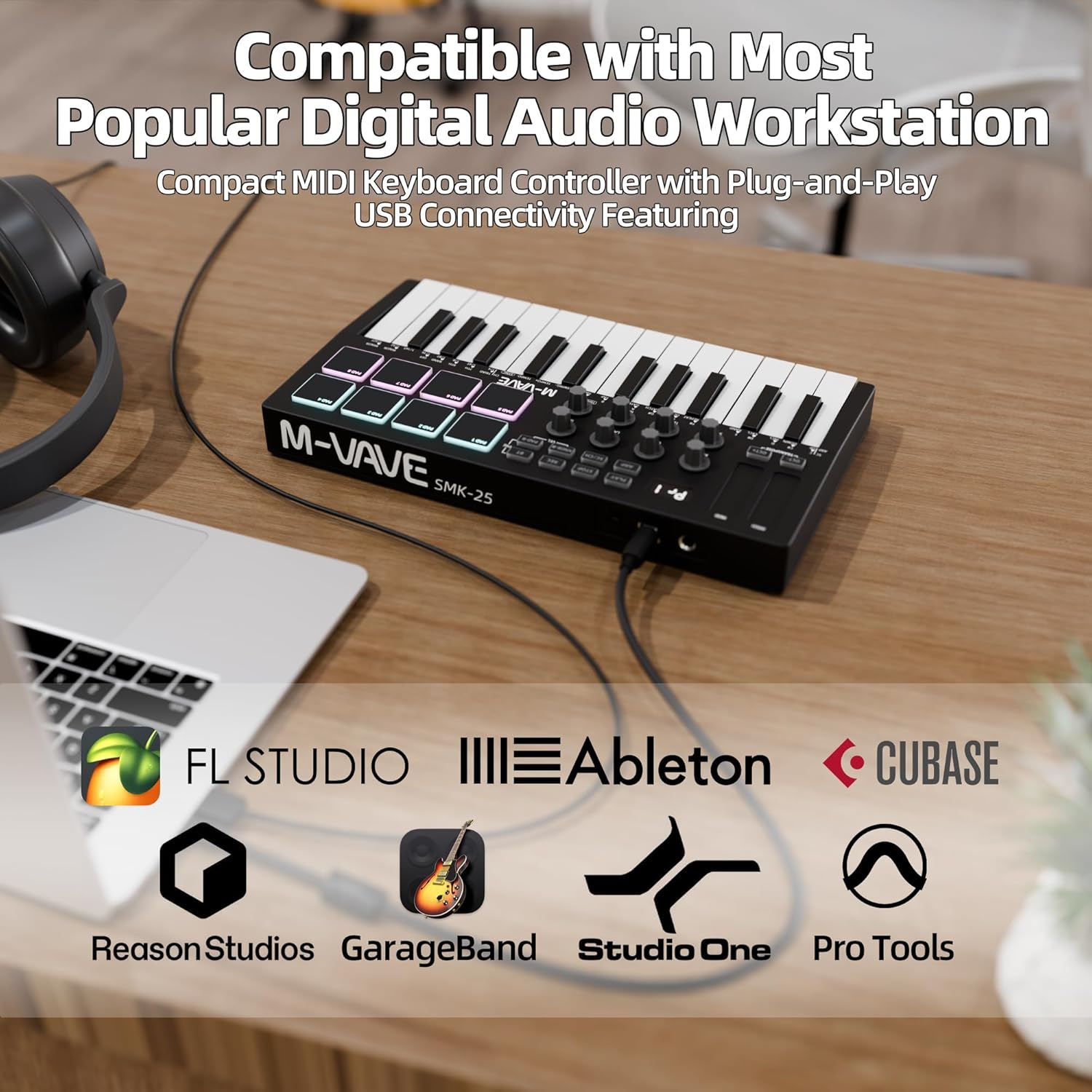 DaierTek Midi Keyboard Controller 25 Key Portable Mini Bluetooth & USB Midi Piano with 8 Backlit Drum Pad, 8 Knobs and Music Production Software for Computer Recording, Music Production