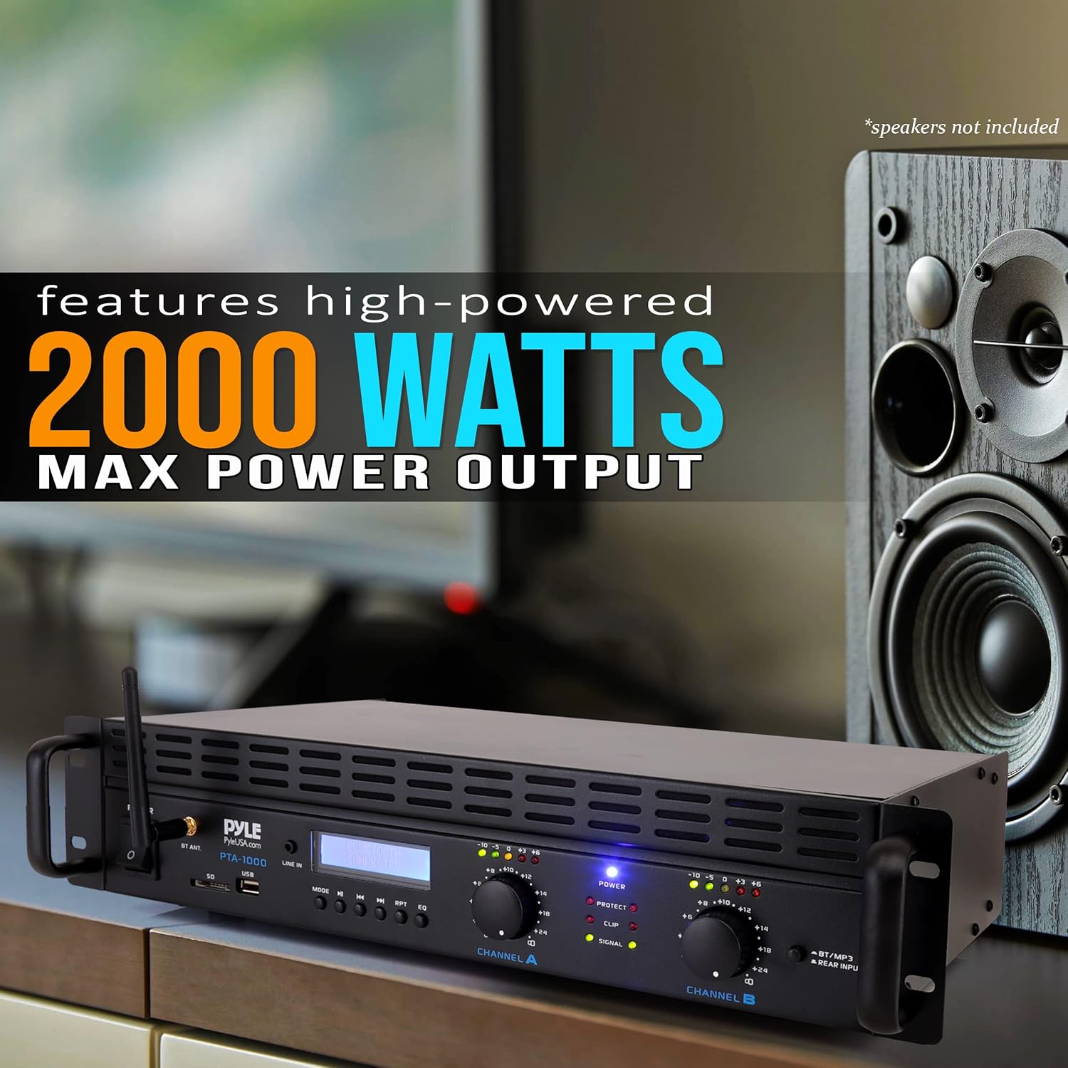 Pyle 2-Channel Bluetooth Power Amplifier- 2000W Bridgeable Rack Mount Pro Audio Sound Wireless Home Stereo Receiver w/TRS XLR Input,LCD,Bridge Mode,Cooling Fan,Entertainment Speaker System- PTA1000BT