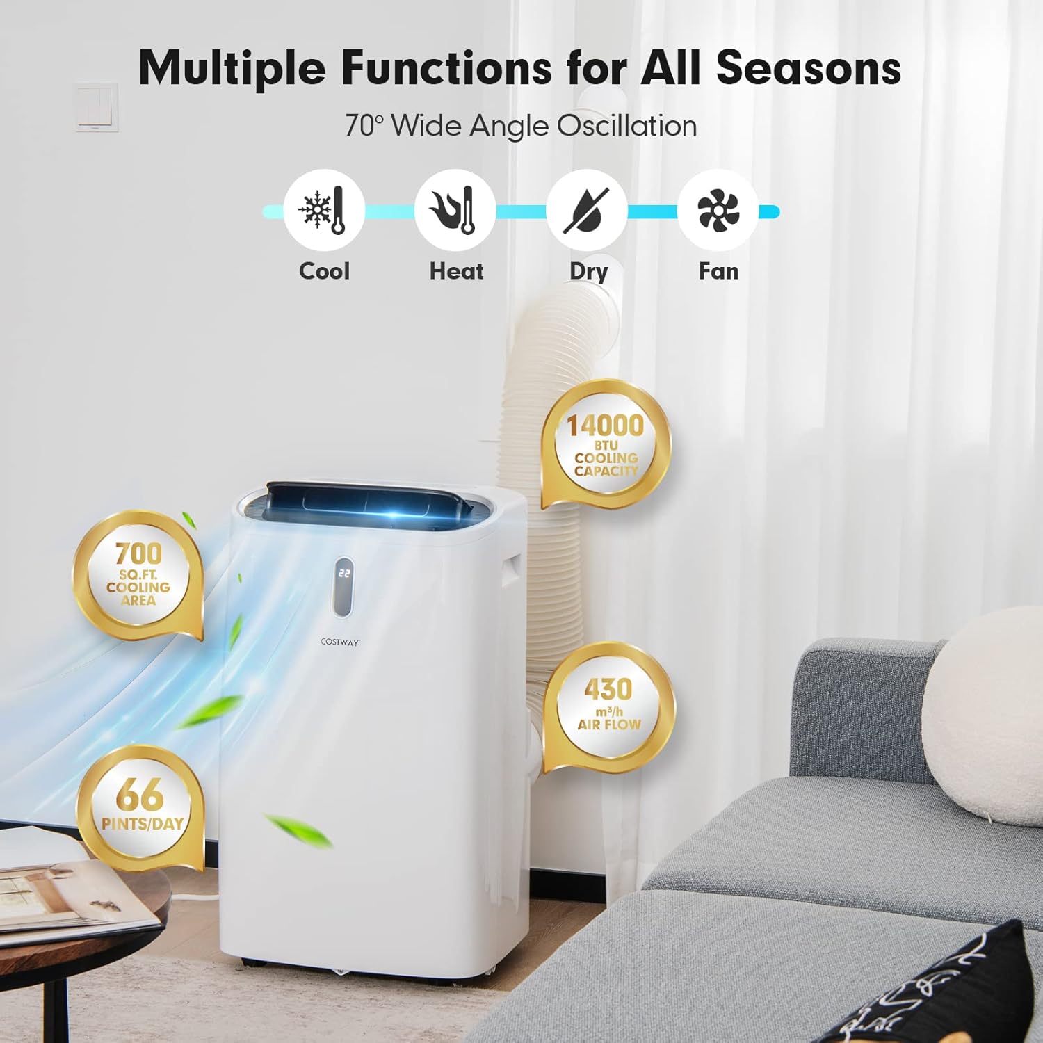 COSTWAY 14000BTU Portable Air Conditioner, 4-in-1 Oscillation Air Cooler with Cooling/Humidifier/Heater/Fan, 3 Speeds Fan, Remote Control, WiFi Smart Control (14000BTU)