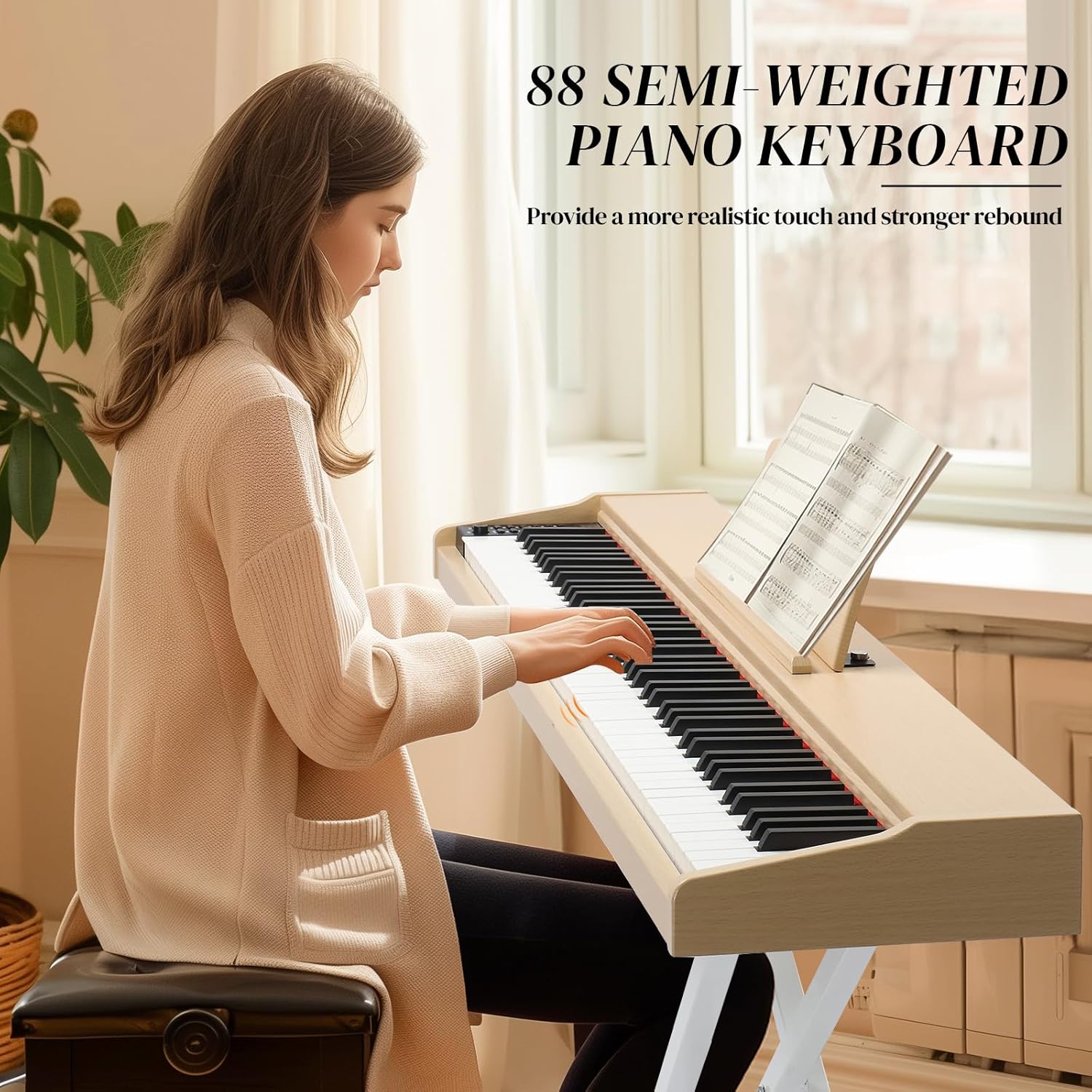 Ktaxon 88 Key Piano Keyboard Semi-Weighted Electric Piano, Portable Keyboard Piano with Stable Piano Stand, Professional 3 Pedal, 2 Headphone Jacks, Bluetooth, MIDI, 128 Rhythms and 128 Tones(Oak)