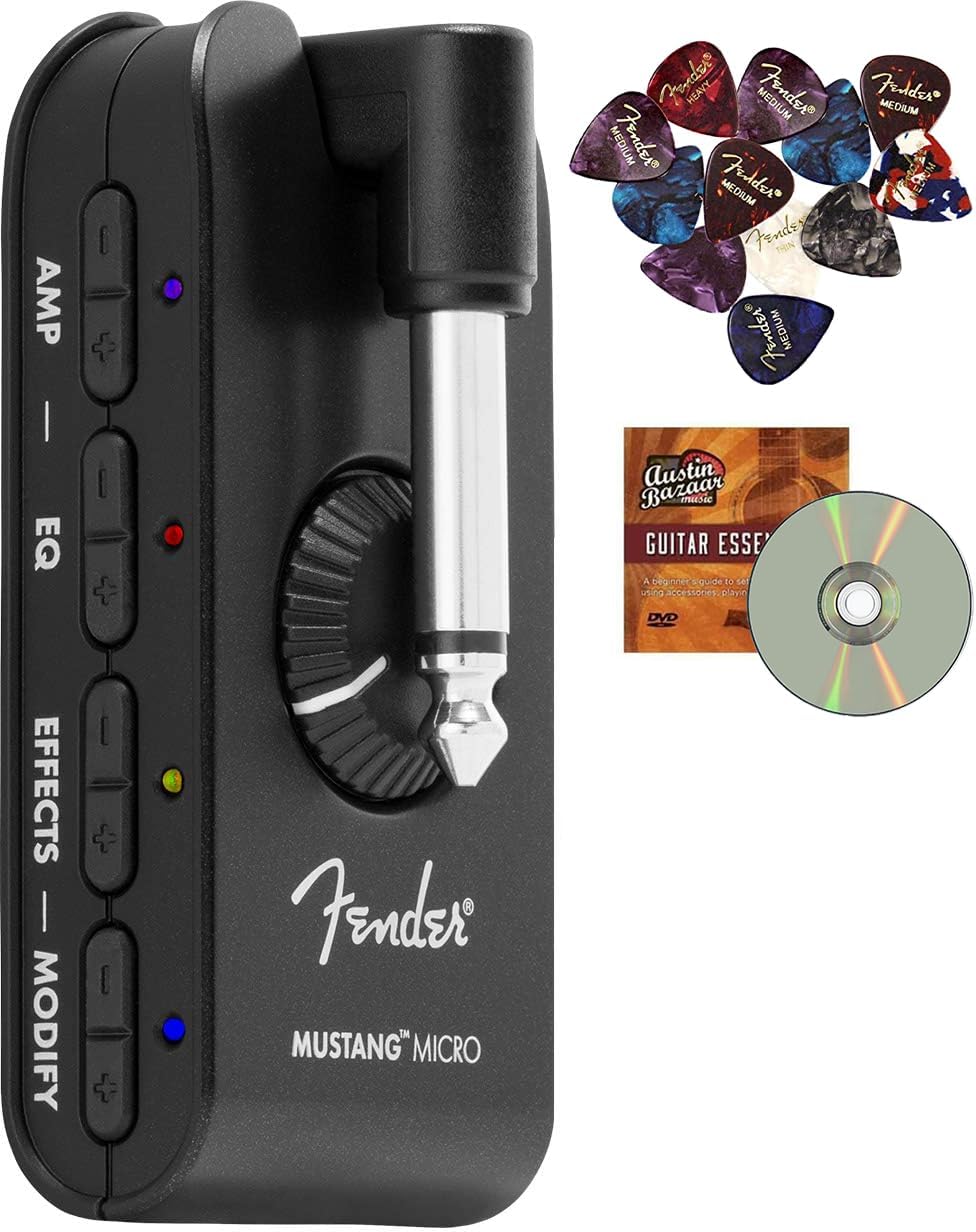 Fender Mustang Micro Personal Guitar Amplifier Bundle with Austin Bazaar Exclusive 12-Pack Picks and Instructional DVD