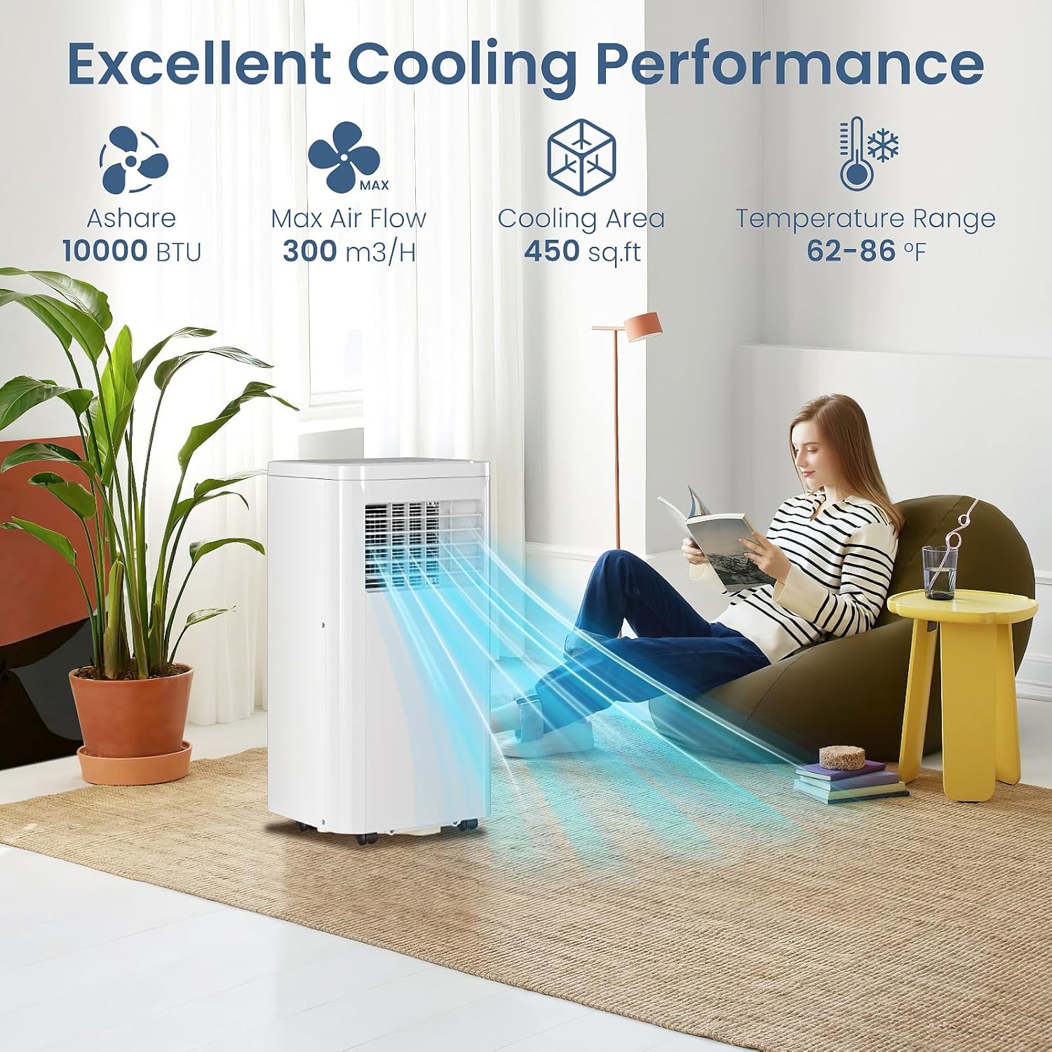 ZAFRO Portable Air Conditioners, 10000 BTU, 3 in 1 Portable AC Unit with Window Kits, Fan & Dehumidifier Modes, Cools up to 450 Sq.Ft, LED Display/Remote Control, 24H Timer for Living Room, Bedroom