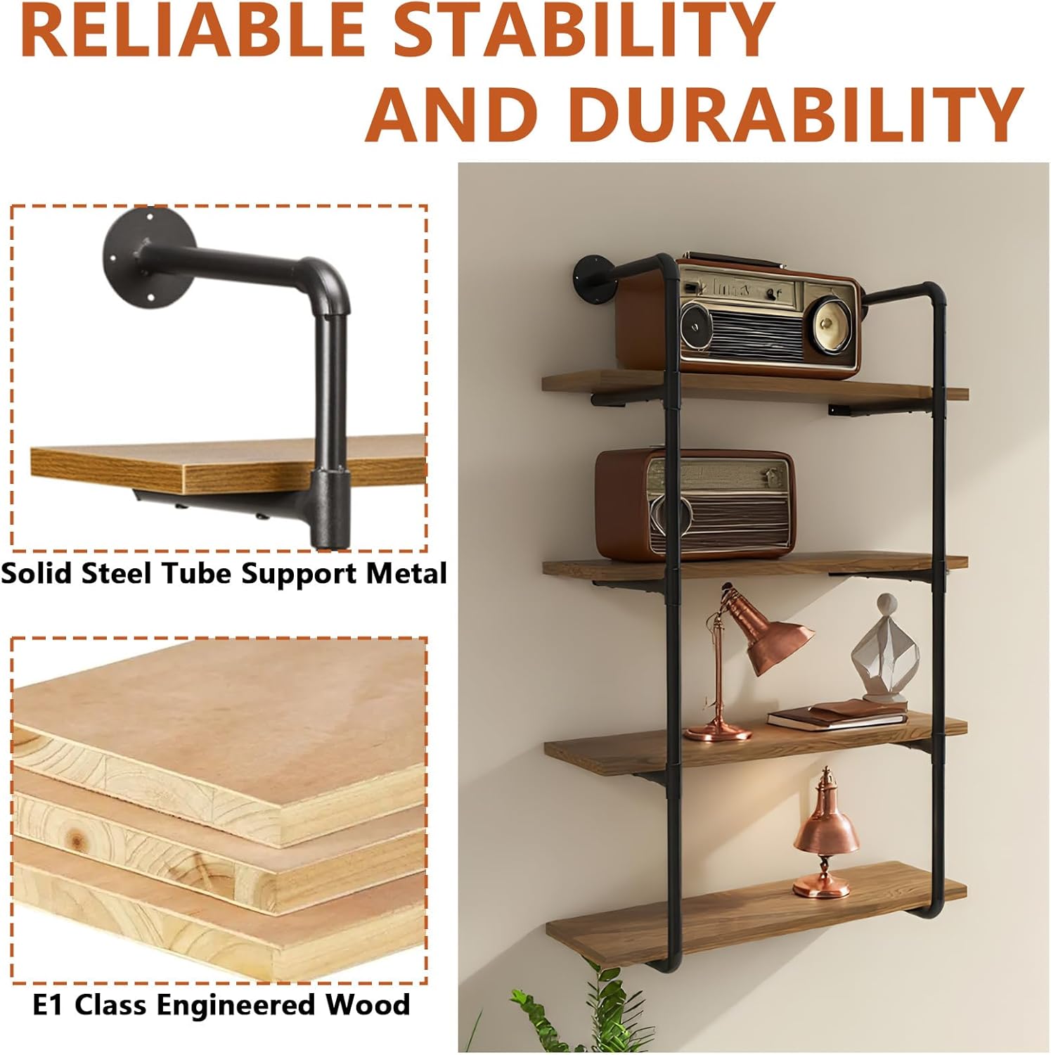 5-Tier Vintage Book Shelf, Industrial Style Display Shelving Unit, Metal and Wood Rustic Brown Bookshelves, Farmhouse Open Book Shelves for Living Room Bedroom Home Office (4-Tier)