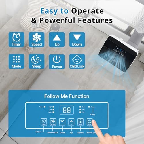 12,000 BTU Portable Air Conditioner Cools Up to 550 Sq.Ft, 3-IN-1 Quiet Portable AC Unit with Remote Control & Installation Kits for Large Room, Smart/Sleep Mode, Auto Swing, 24H Timer