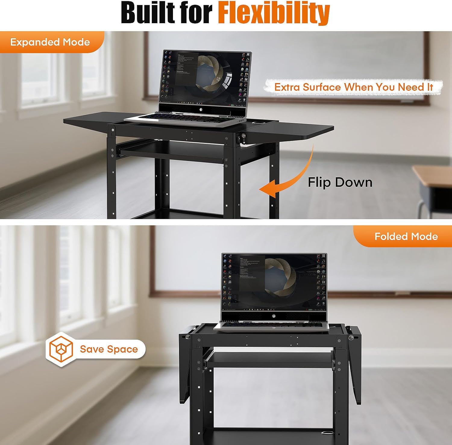All-Steel Rolling AV Cart with Adjustable Height & Built-in Power – Heavy-Duty Media Workstation with Drop-Leaf Shelves & Wheels for Projectors, Laptops, Printers – Classroom, Office & Studio, Black